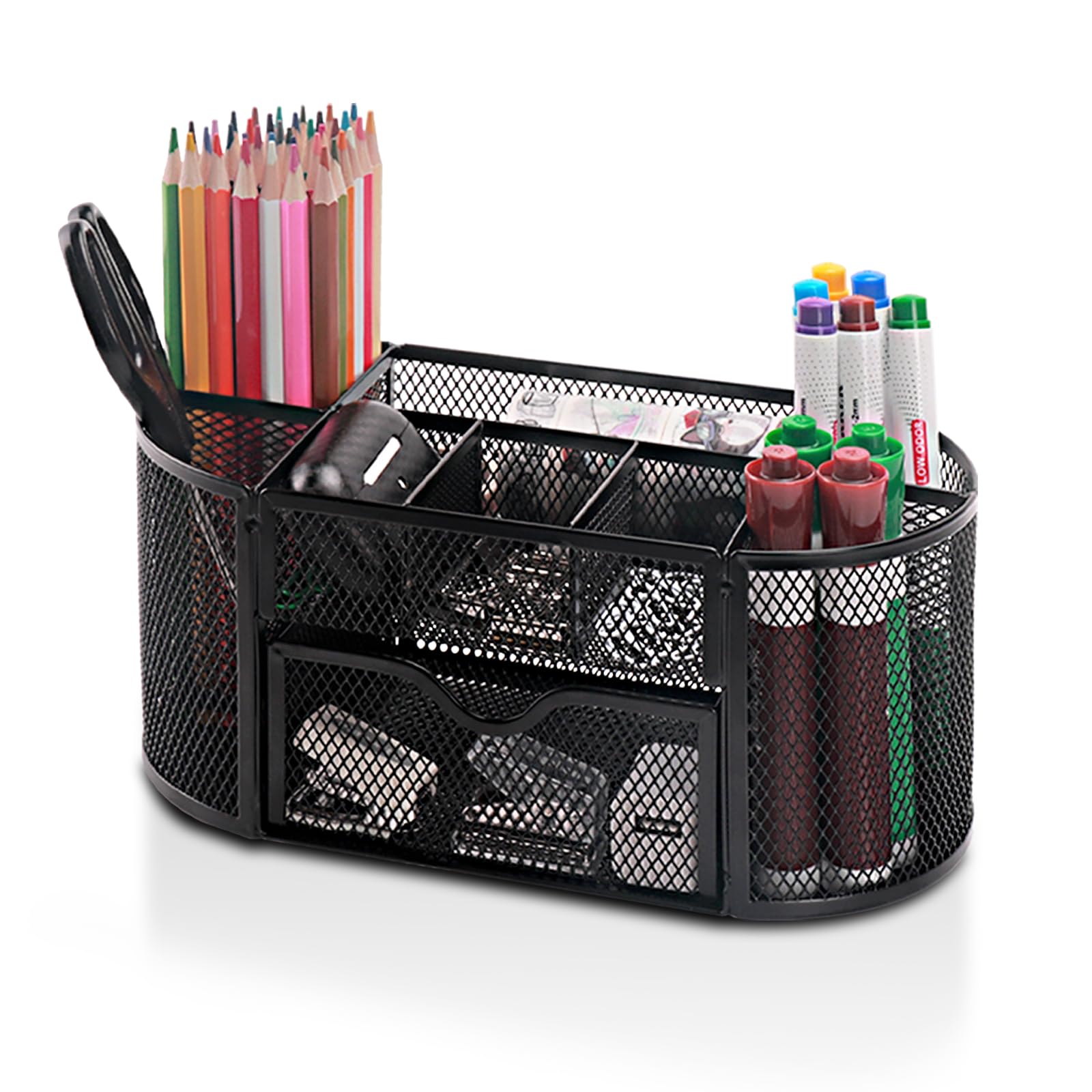 Comix Mesh Pen Pencil Holder Desk Organizer - 8 Compartment & 1 Drawer Wire Desktop Organizer for Office Supplies, Home, School - Black | Perfect for Organizing Pens, Pencils, Markers & Stationery on Your Desk or Workspace