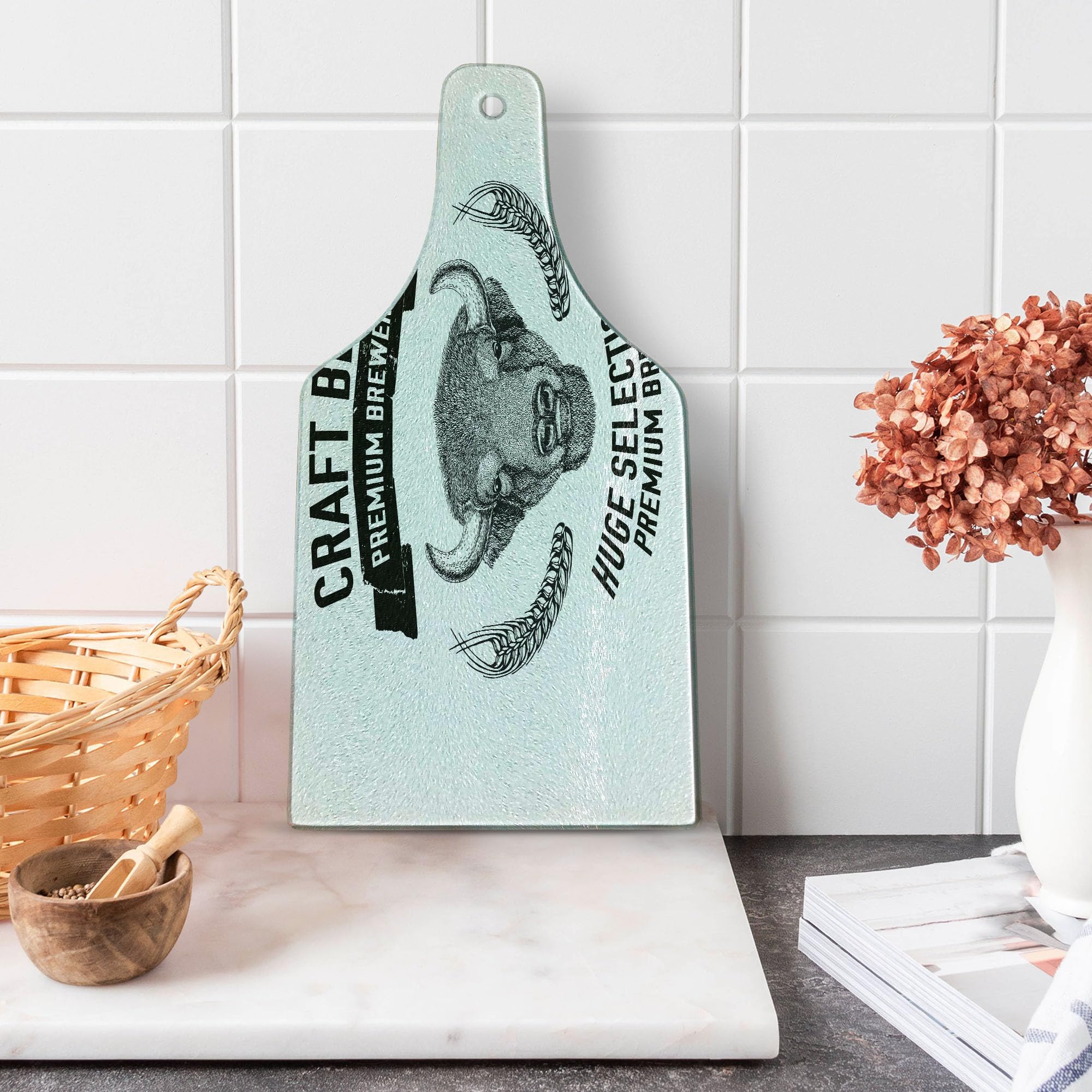 Premium Buffalo Ox Bull Beer Emblem Tempered Glass Cutting Board - Hand Drawn Brewery Design, Decorative Wine Bottle Shape Serving Board for Man Cave, Kitchen & Bar Accessories - Perfect for Entertaining, Charcuterie & Cheese Platters