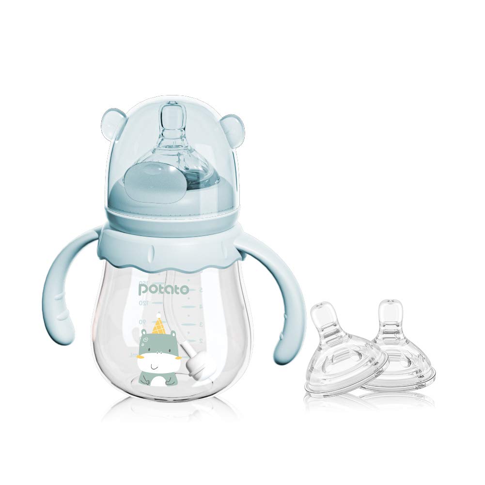 POTATO Glass Baby Bottles for Breastfeeding - Anti-Colic 6 oz Bottle with Medium Flow Nipple (2 Pack) - BPA-Free Infant Feeding Bottles for Babies 3-6 Months - Perfect for Daycare, Travel & Night Feedings - Blue
