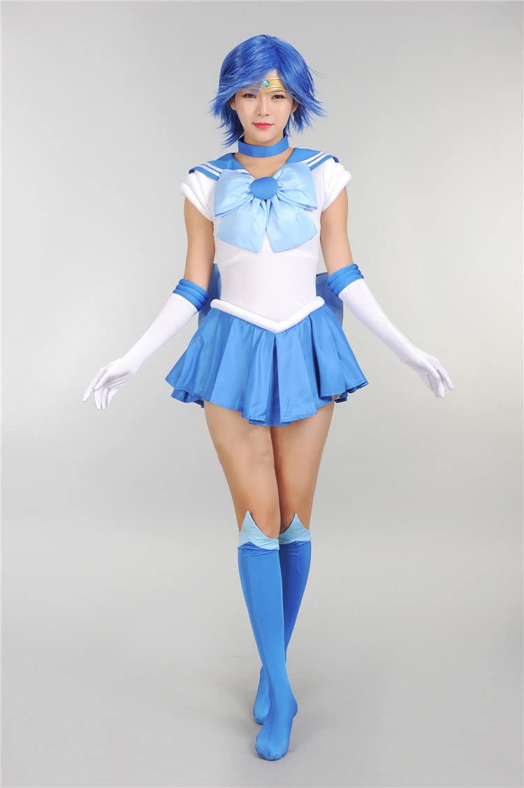 Anime Mercury Cosplay Blue Wig & Sky Blue Dress Suit for Women - Perfect for Halloween, Cosplay Events, and Themed Parties