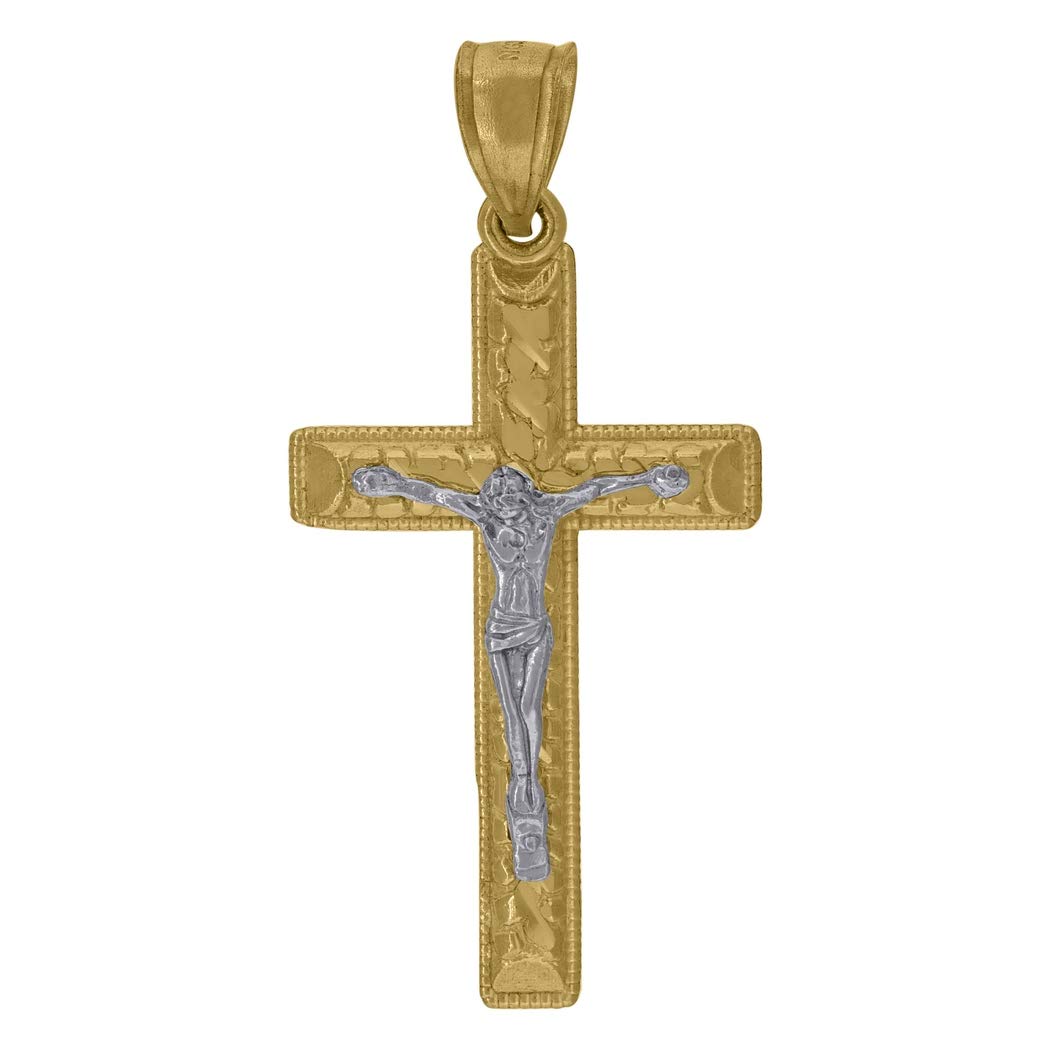10K Yellow Gold Nugget Textured Crucifix Cross Pendant Necklace for Men & Women - 40.9x19mm Religious Jewelry Gift - Perfect for Baptism, Confirmation & Daily Wear