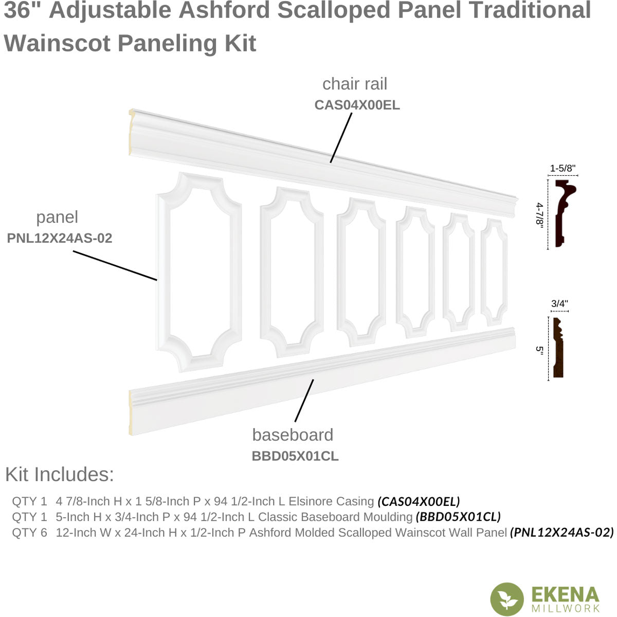 Ashford Traditional Wainscot Paneling Kit - 94.5 Inch Premium Wood Wall Paneling for Home & Office Decoration | Easy DIY Installation for Living Room, Bedroom, Dining Room & Hallway