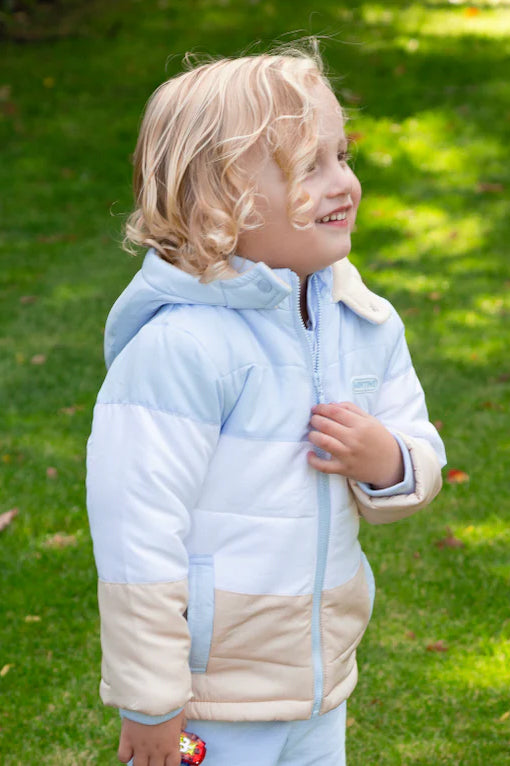 Baby Blue, White & Beige Color Block Coat for Toddlers - Stylish Winter Jacket for Boys & Girls - Perfect for Outdoor Play & Family Photos