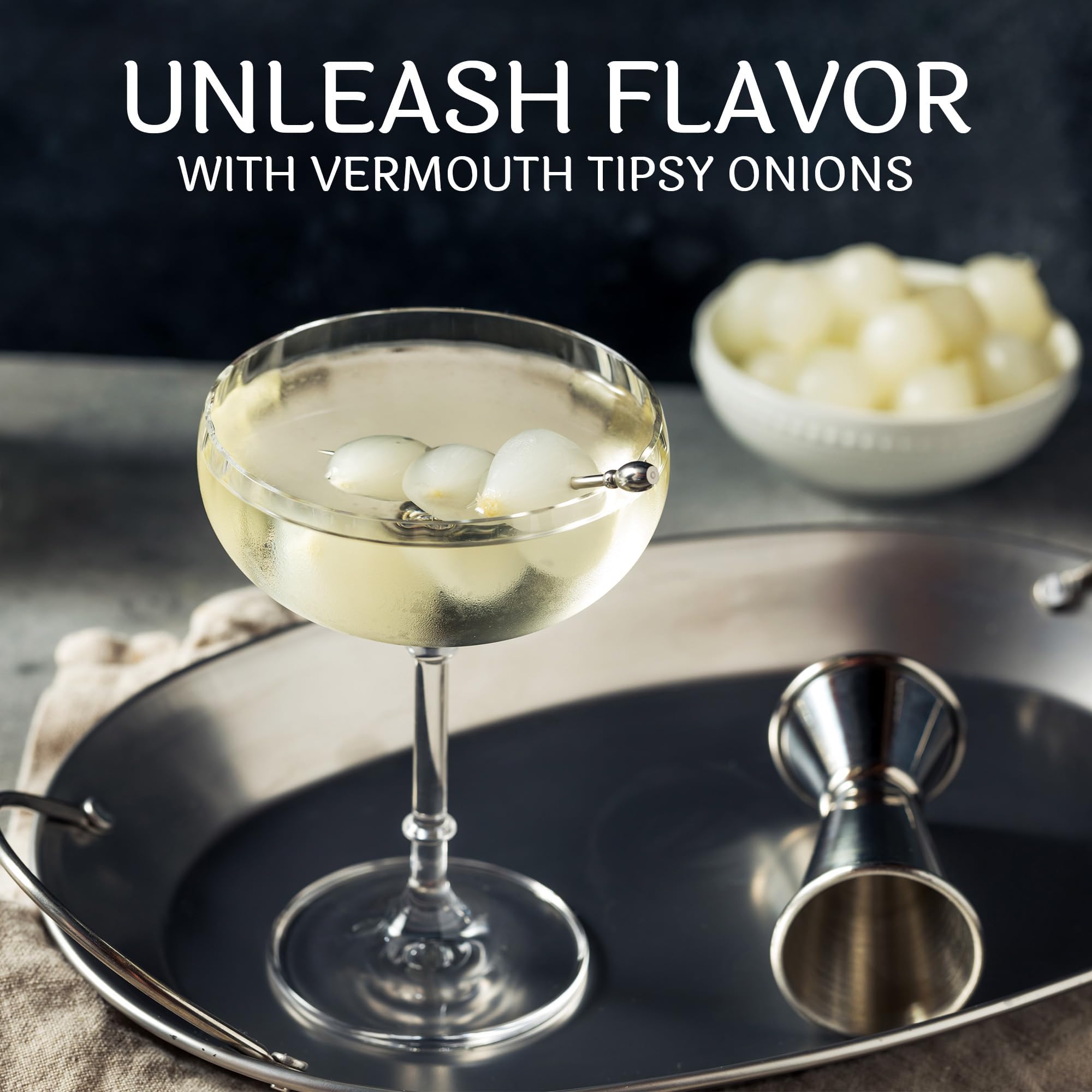 Pickled Silverskin Onions in Jar with French Vermouth - Tipsy Cocktail Onions for Martinis, Gibsons & Appetizers - Kosher Parve by Sable & Rosenfeld - 5 oz (Pack of 1) - Perfect for Home Bars, Cocktail Parties & Charcuterie Boards