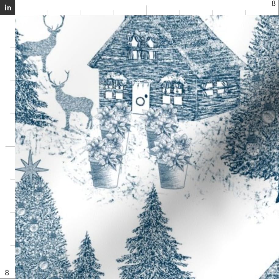 Christmas Village Toile Fabric - White & Blue Deer Snow Print on Organic Cotton Sateen by The Yard | Perfect for Sewing, Quilting, Apparel & Home Decor | Holiday Tablecloths, Curtains & DIY Christmas Crafts