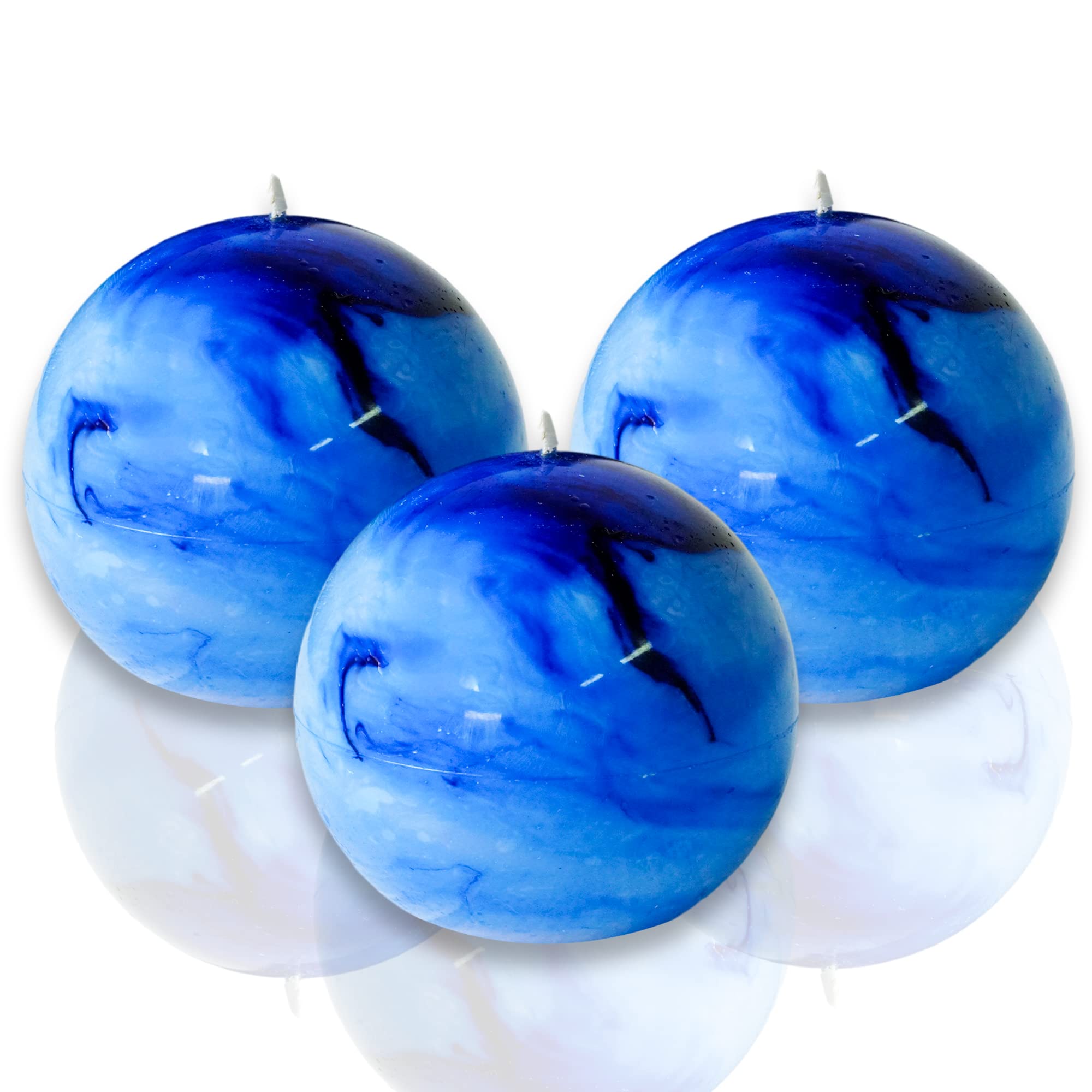LPUSA Tie-Dye Blue Rustic Ball Pillar Candles - 3 Inch Unscented Round Candles for Wedding Decor, Party Centerpieces, Holiday Table Settings & Home Decoration - Set of 3 Paraffin Sphere Candles - Perfect for Romantic Dinners, Birthday Celebrations & Christmas Mantel Displays