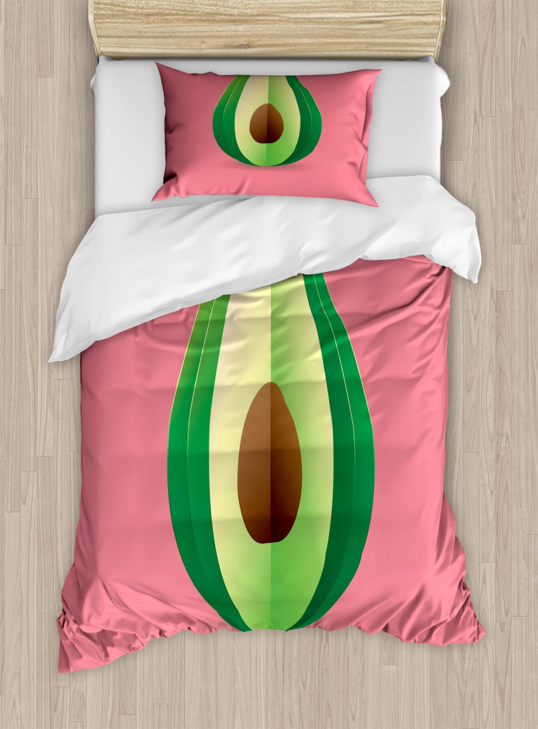 Ambesonne Avocado Duvet Cover Set - Modern Food Print with Summer Pastel Colors, 2-Piece Twin Size Bedding Set (Duvet Cover + Pillowcase), Green Brown & Pale Pink - Perfect for Kids Rooms, Dorms & Summer Bedroom Decor