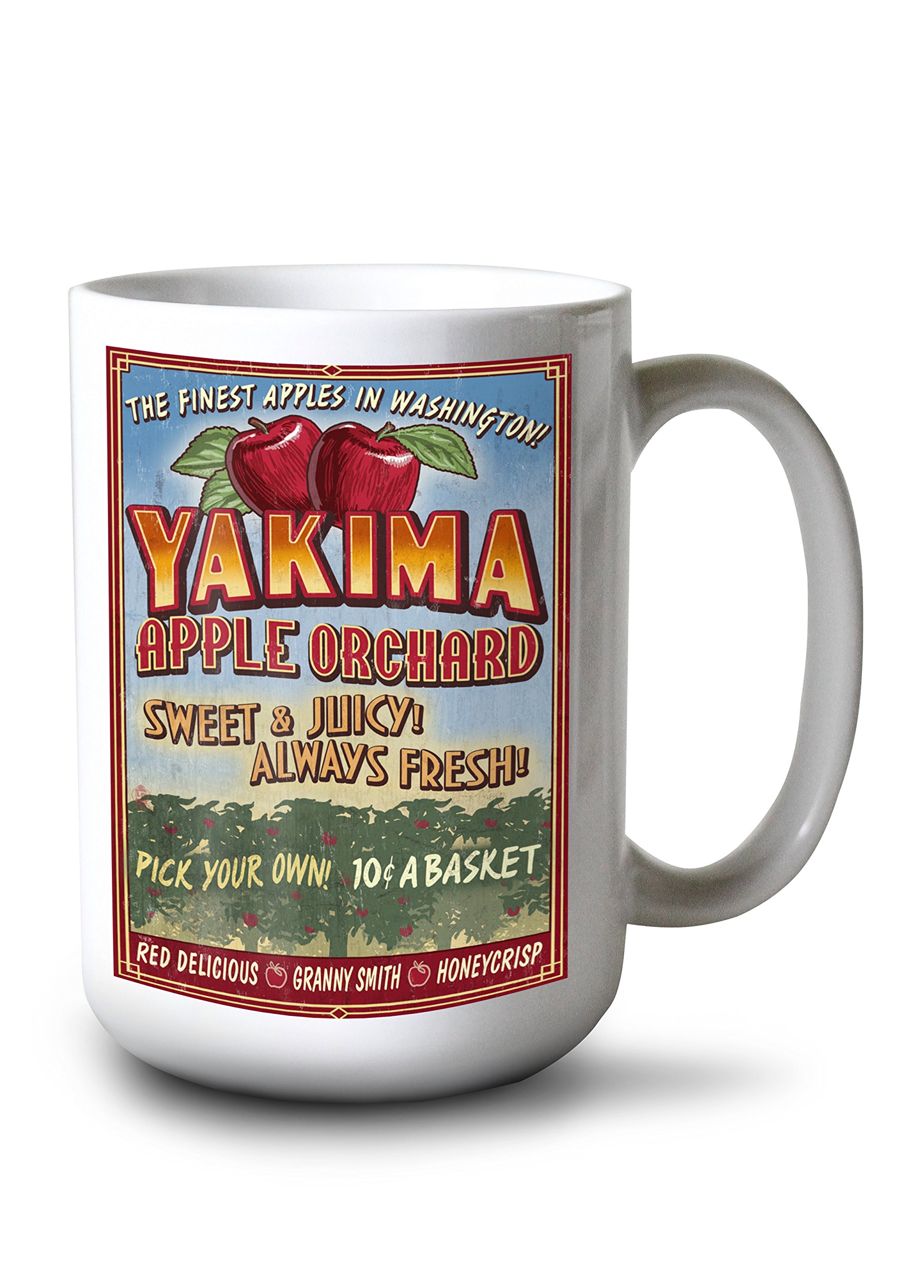 Yakima Washington Apple Orchard Vintage Sign - 15oz White Ceramic Coffee Mug & Tea Cup | Dishwasher & Microwave Safe | Perfect for Farmhouse Decor, Gift Ideas & Cozy Morning Coffee
