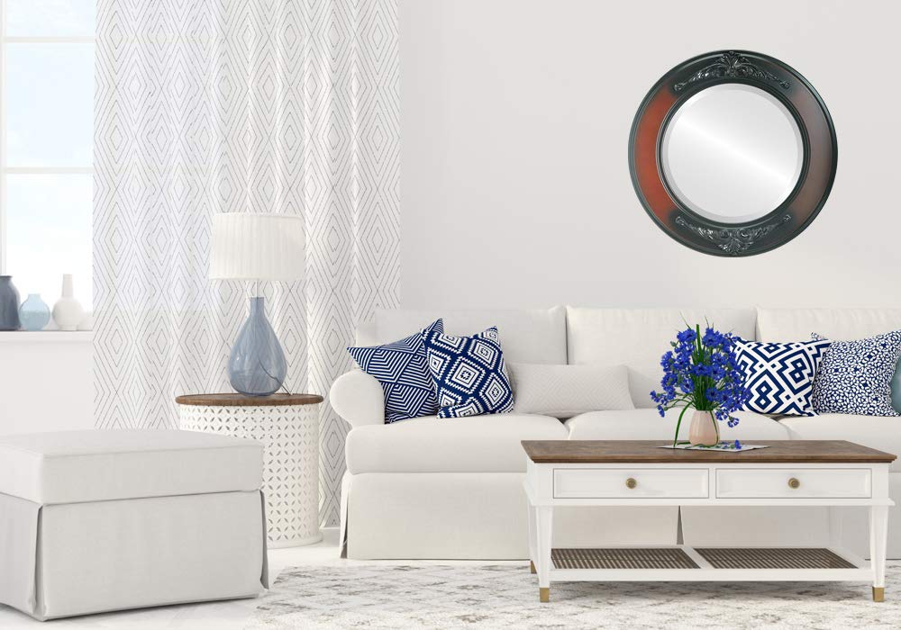Ovalcrest Round Beveled Wall Mirror - 19x19 Inch Rosewood Framed Decorative Mirror for Living Room, Bedroom & Entryway - Ramino Style Home Decor