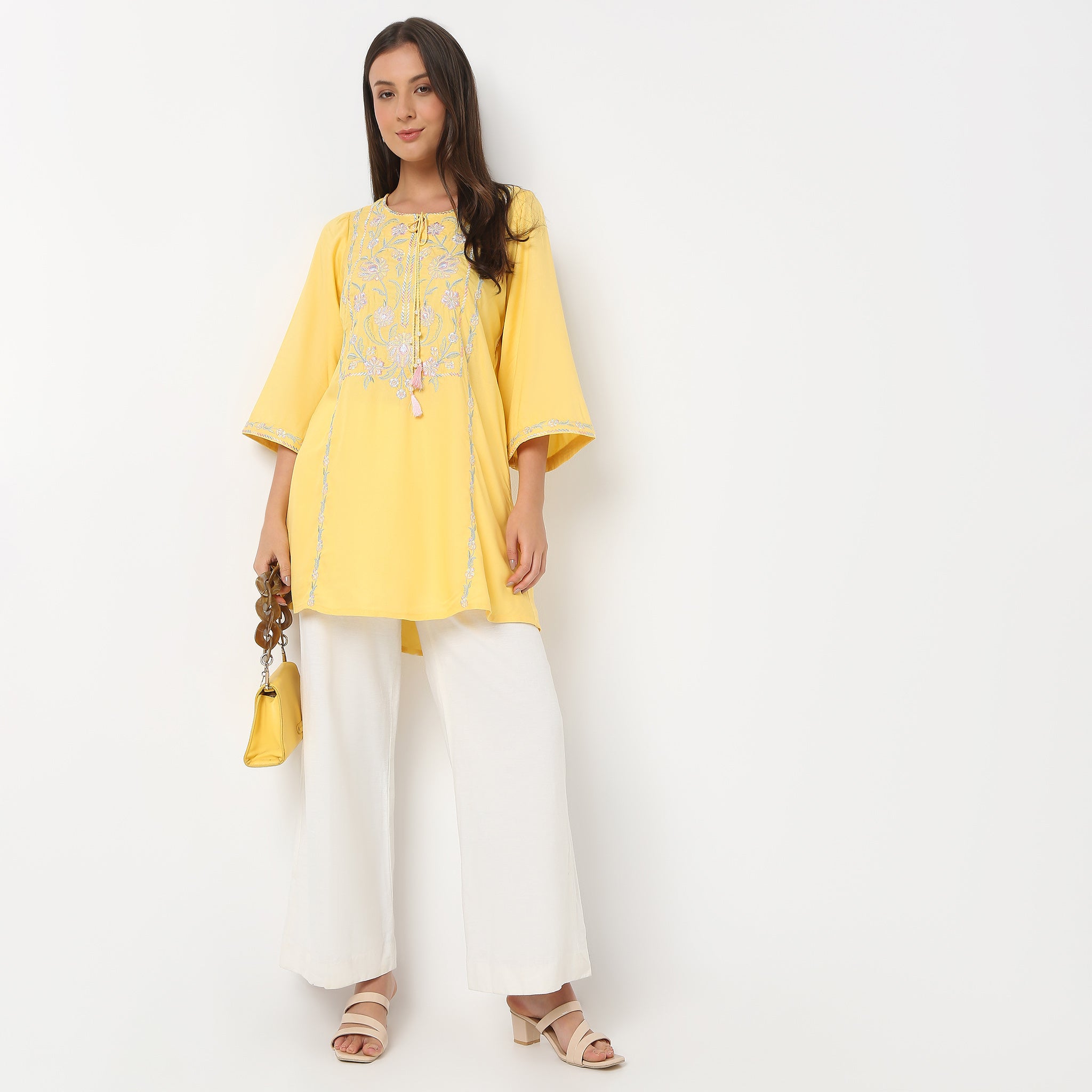Embroidered Round Neck 3/4 Sleeve Straight Fit Tunic Top for Women | Casual Wear, Office Outfits & Everyday Fashion