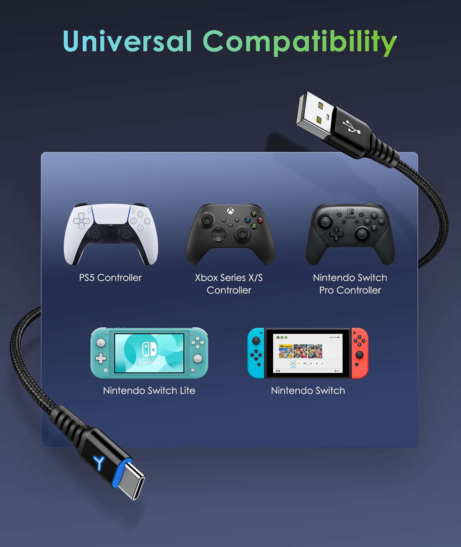 6FT Dual Pack Fast Charging Cable for PS5/Xbox Series X/S/Switch Controllers - Nylon Braided USB-C Cord with LED Indicator | Gaming Accessories for Home & Travel Use