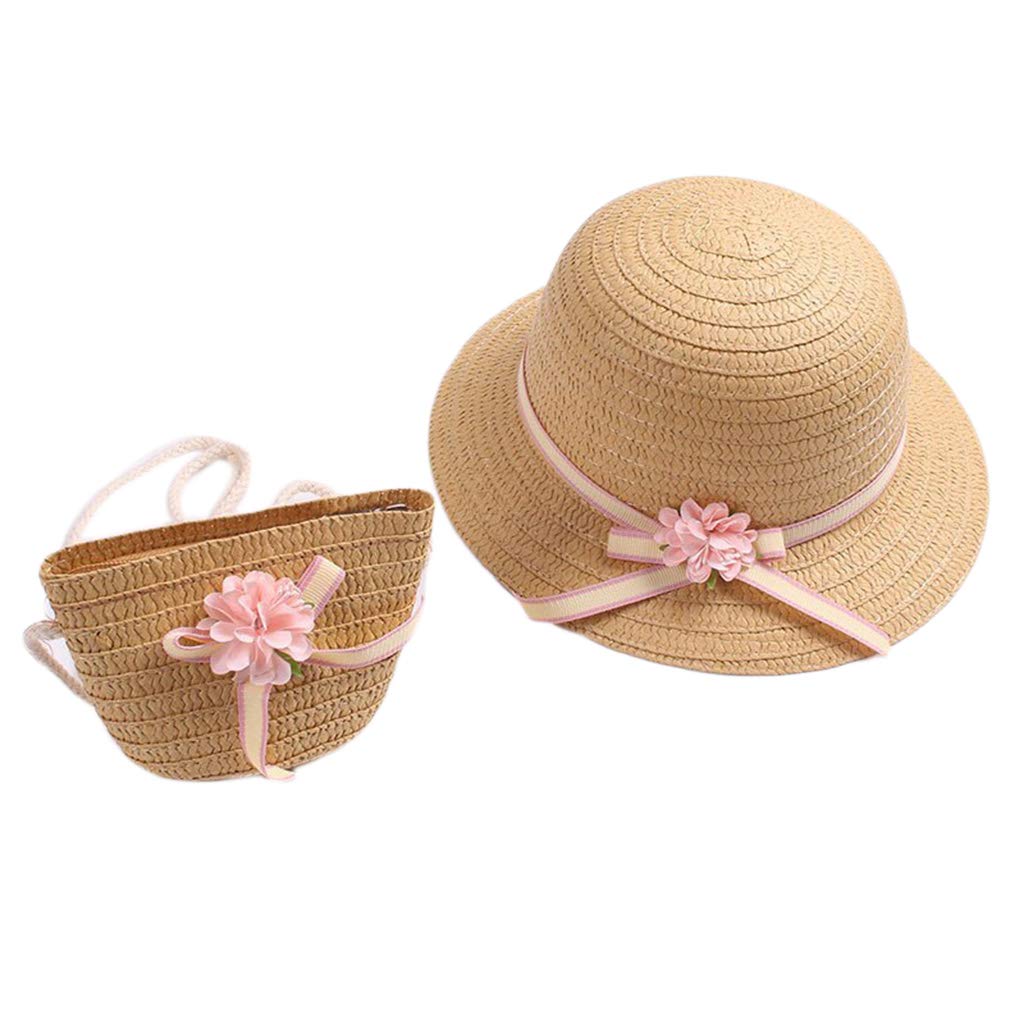 Girls Sun Visor Hat with Zipper Shoulder Bag - Floral Bowknot Straw Beach Hat for Photography, Outdoor Activities, and Summer Vacations