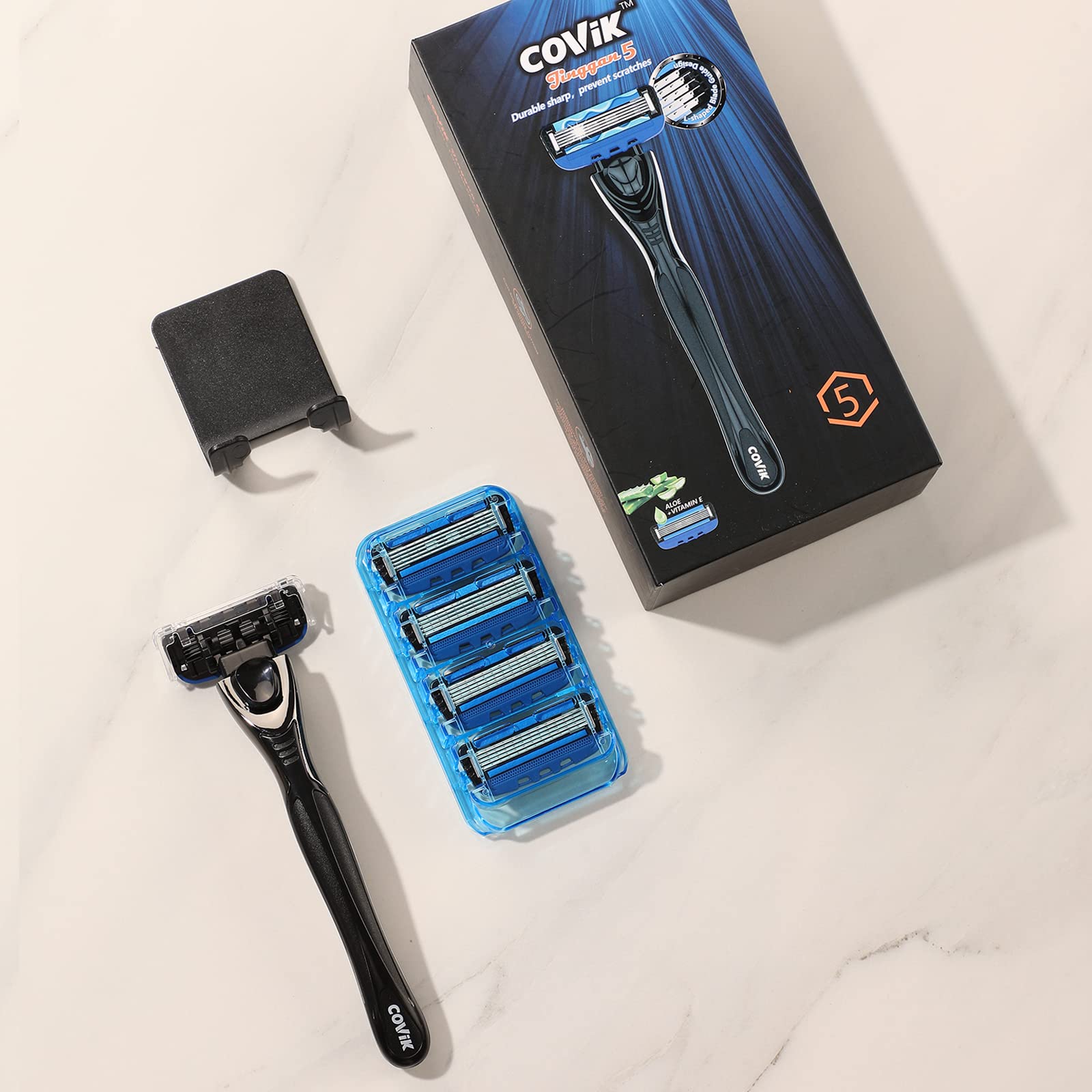 5-Blade Men's Razor with Dual Lubrication for Smooth Shaving - Includes 1 Handle & 5 Blade Refills - Perfect for Travel, Gym & Daily Grooming Routine