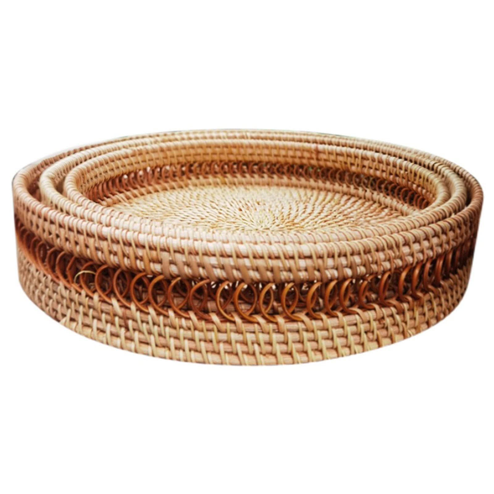 3-Piece Vietnam Rattan Round Serving Tray Set - Handwoven Stackable Woven Trays for Breakfast, Drinks & Snacks - Perfect for Coffee Table Decor, Kitchen, Dining Room & Outdoor Entertaining