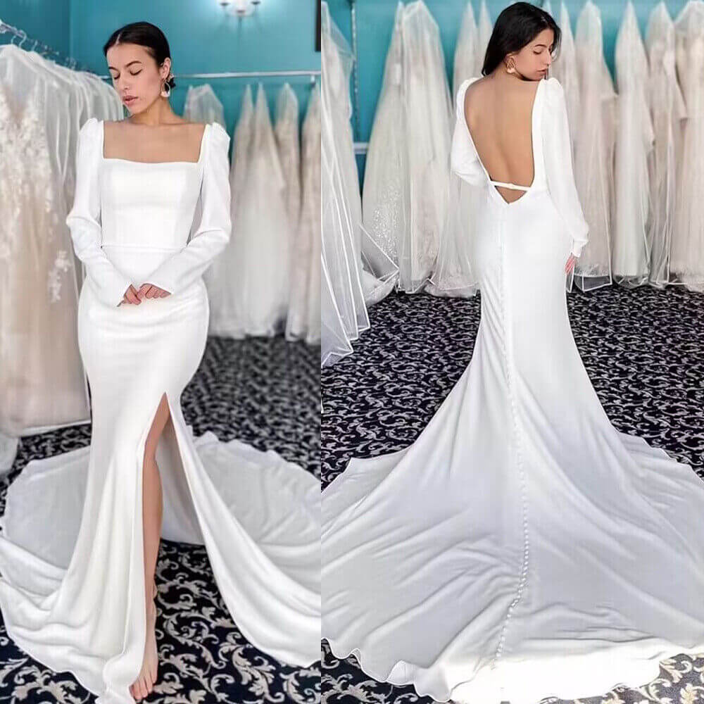Elegant Long Sleeve Square Neck Satin Wedding Dress - Mermaid Style with High Side Split & Backless Design for Bridal Gowns, Evening Gowns & Special Occasions