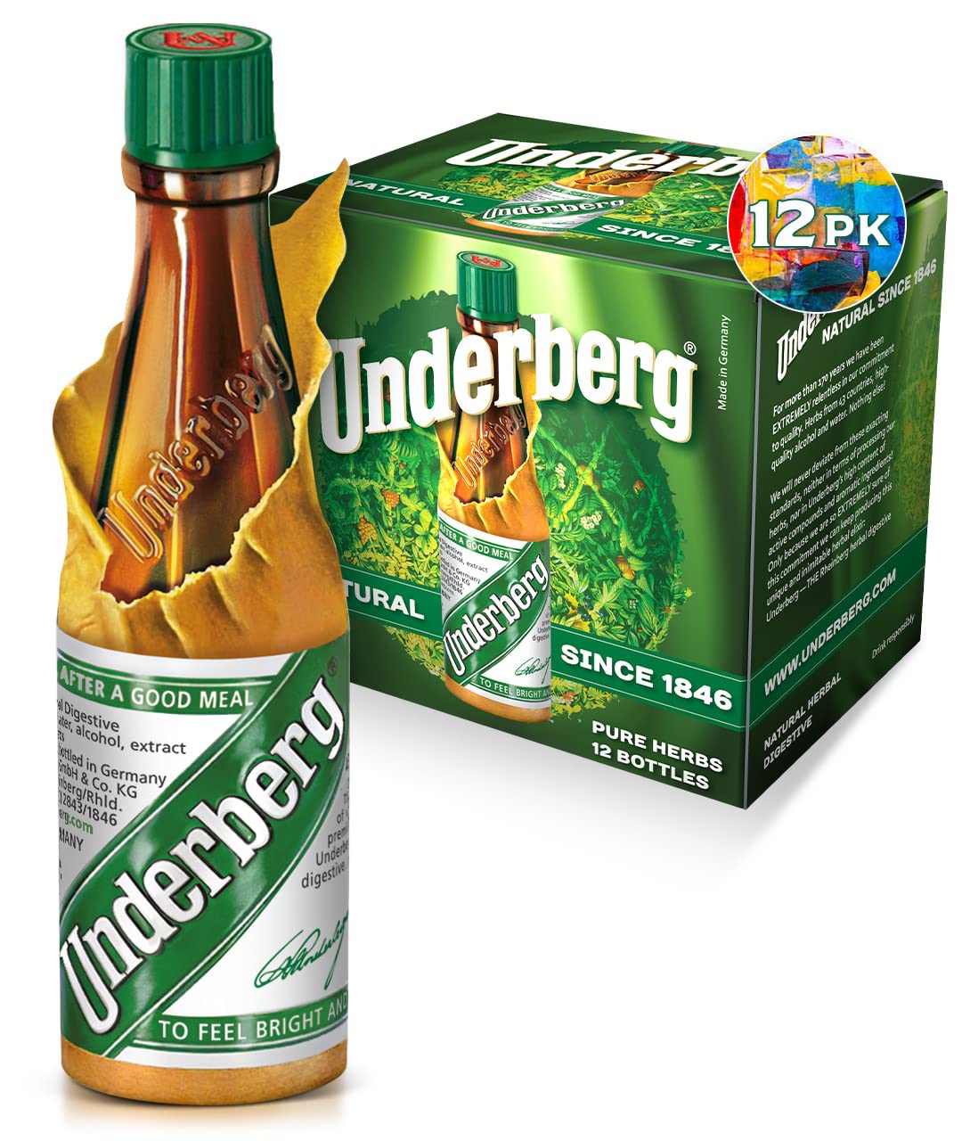 Underberg Digestive Bitters - Pack of 12 Small Herbal Liqueur Bottles for After-Meal Digestive Aid | Perfect for Bars, Restaurants & Home Use After Heavy Meals
