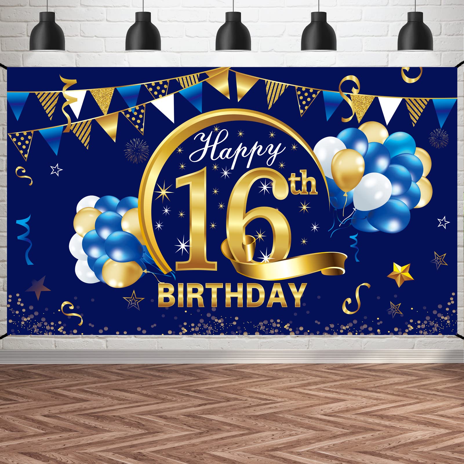 Blue & Gold 16th Birthday Banner Decorations for Boys - Happy Sixteen Party Backdrop, Photo Props & Sign - Perfect for Sweet 16 Celebrations, Teen Parties & Photo Booths
