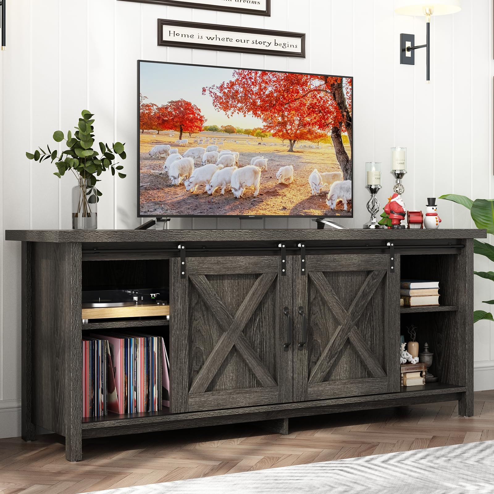 Rustic Farmhouse TV Stand for 50-65 Inch TVs with Adjustable Shelves & Sliding Barn Doors - Dark Grey Wooden Entertainment Center for Living Room, Bedroom (58 Inch) - Perfect for Modern Farmhouse Decor & Small Space Storage Solutions