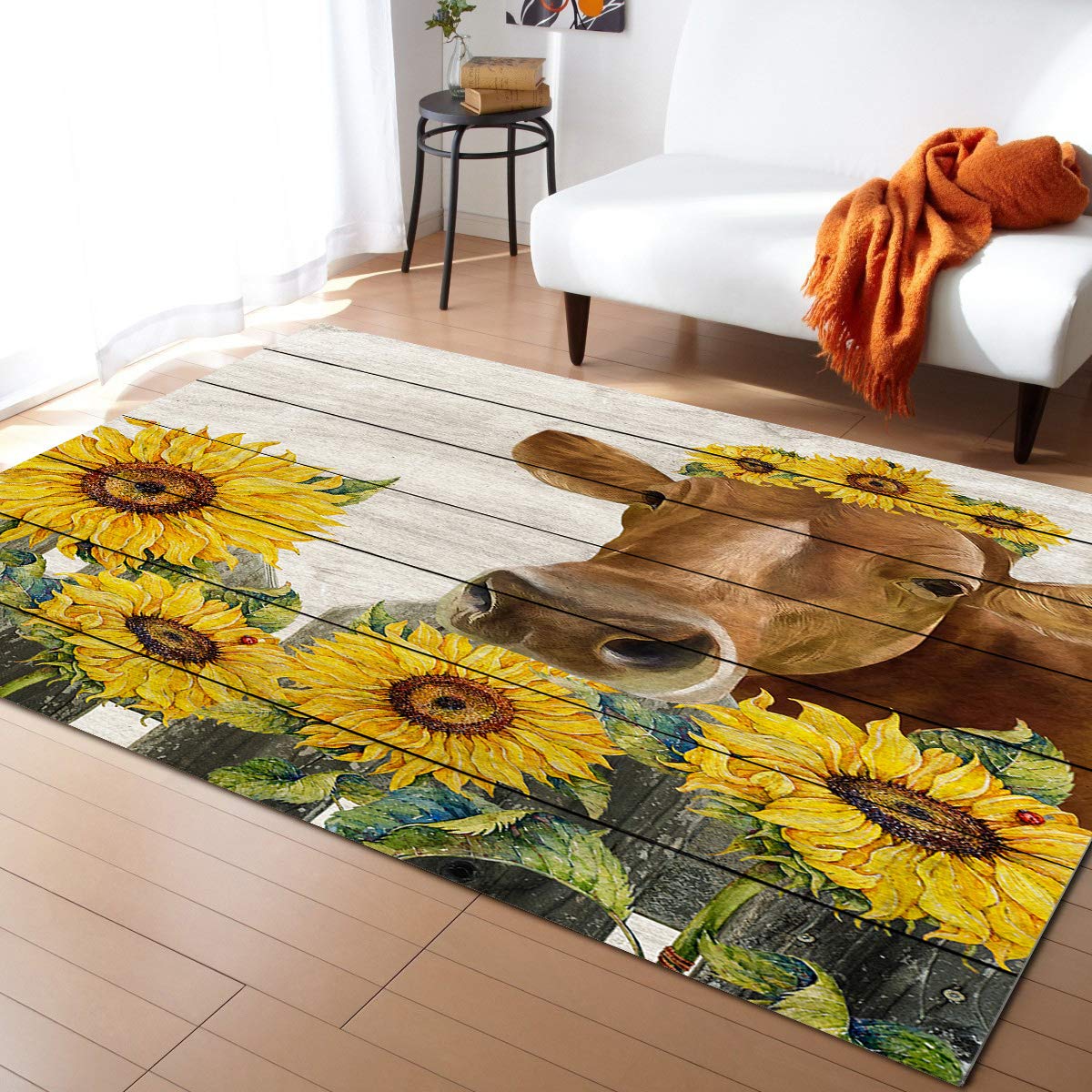 **5'x8' Yellow Sunflower Cow Area Runner Rug - Washable Indoor/Outdoor Carpet for Kitchen, Living Room, Bathroom, Bedroom & Classroom - Retro Farmhouse Wooden Doormat, Desk & Welcome Mat - Perfect for Home Decor, Entryway & Laundry Room**