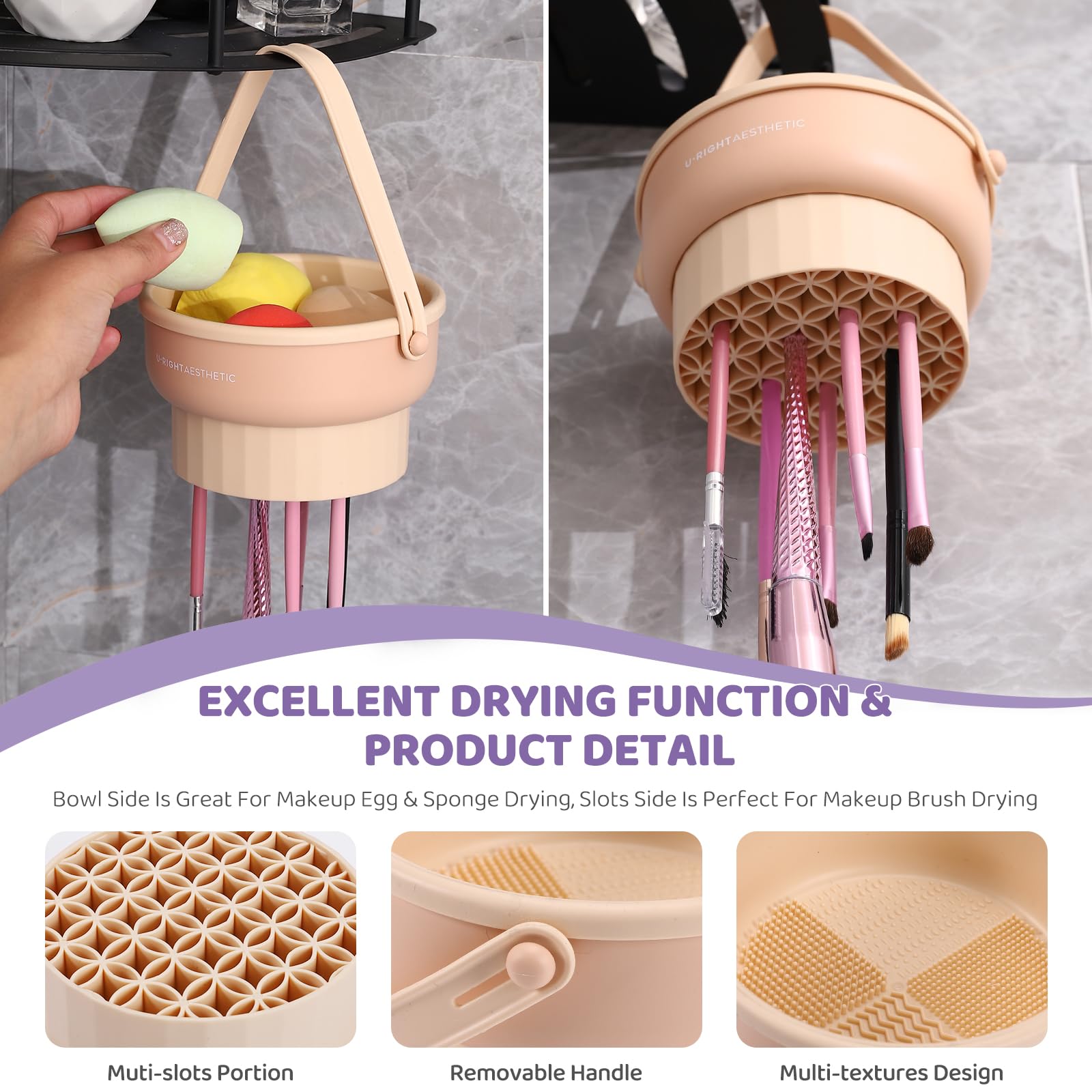 2 Pack Silicone Makeup Brush Cleaner Mat - 3-in-1 Cleaning Bowl & Sponge Scrubber Tool for Makeup Brushes, Storage & Upside Down Drying (Purple) - Perfect for Professional Makeup Artists & Home Beauty Routines