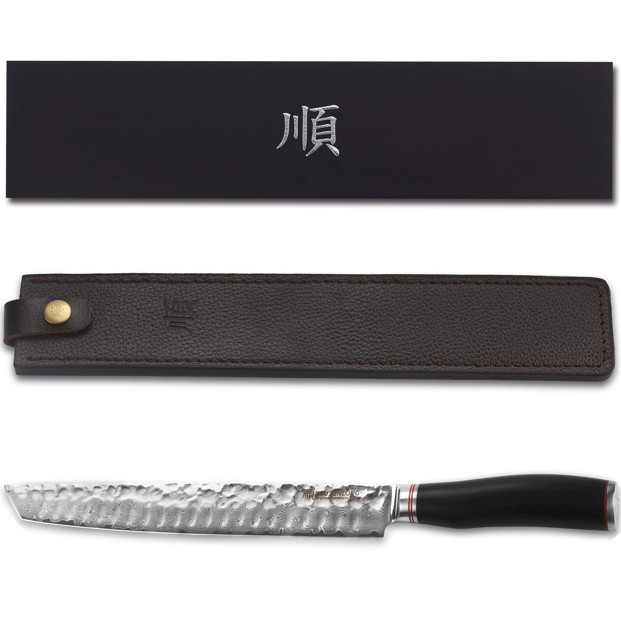 Premium YOUSUNLONG 11-inch Yanagiba Sushi Knife - Japanese Professional Sujihiki Fillet Knife with Damascus Steel Blade & Ebony Wood Handle - Includes Leather Sheath - Perfect for Sushi Chefs, Fish Filleting & Japanese Cuisine Preparation