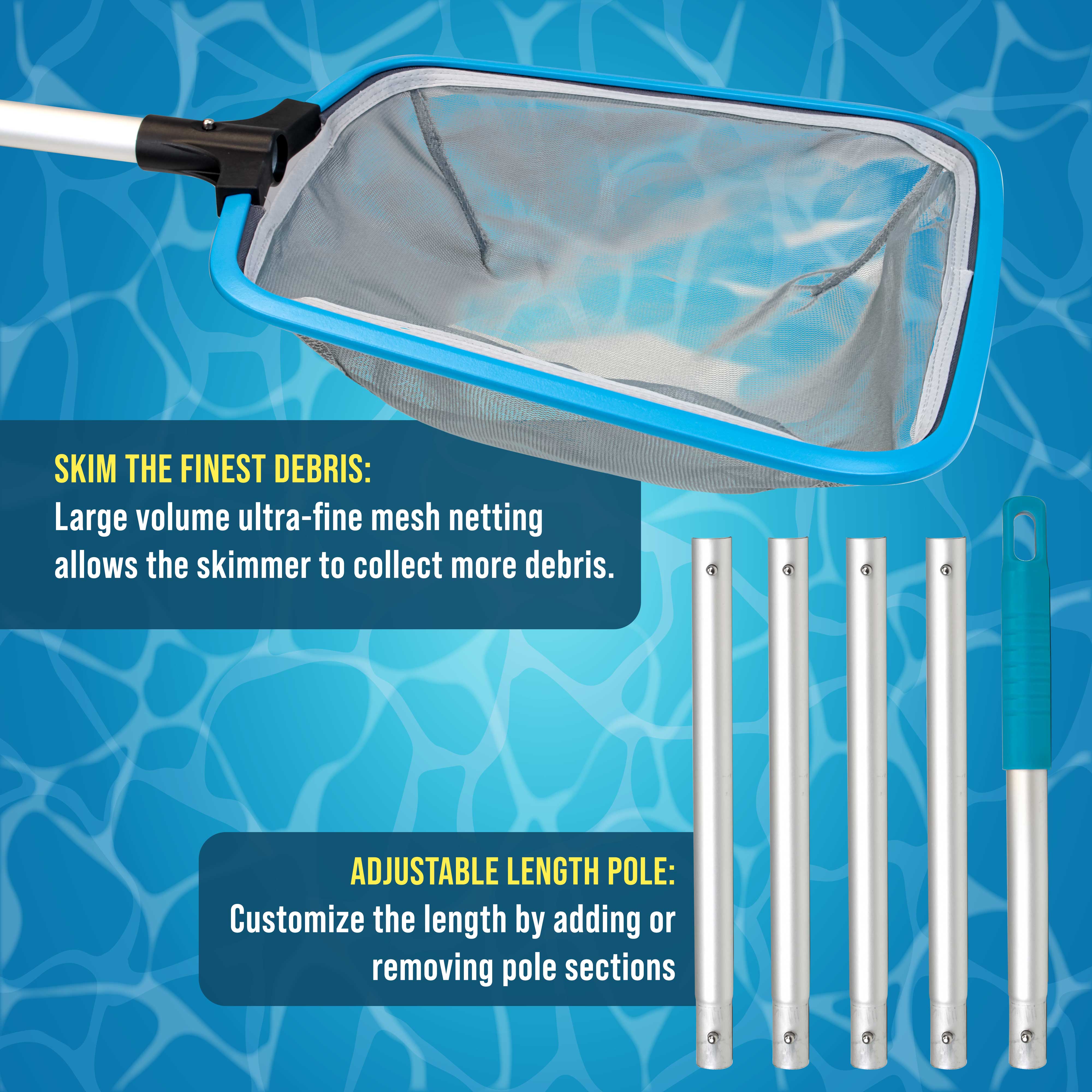 Heavy Duty 6FT Pool Leaf Skimmer Net with 13 Aluminum Frame & Pole - Ultra Fine Mesh Basket for Swimming Pools, Spas & Hot Tubs - Perfect for Removing Leaves, Bugs & Debris from Water Surface