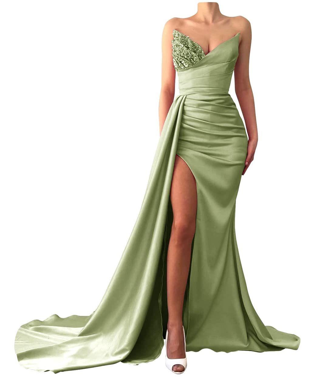 Lsadoraso Women's Off Shoulder Beaded Sequin Prom Dress - Long High Slit Satin Formal Evening Gown with Train for Homecoming, Wedding Guest, Pageant & Red Carpet Events
