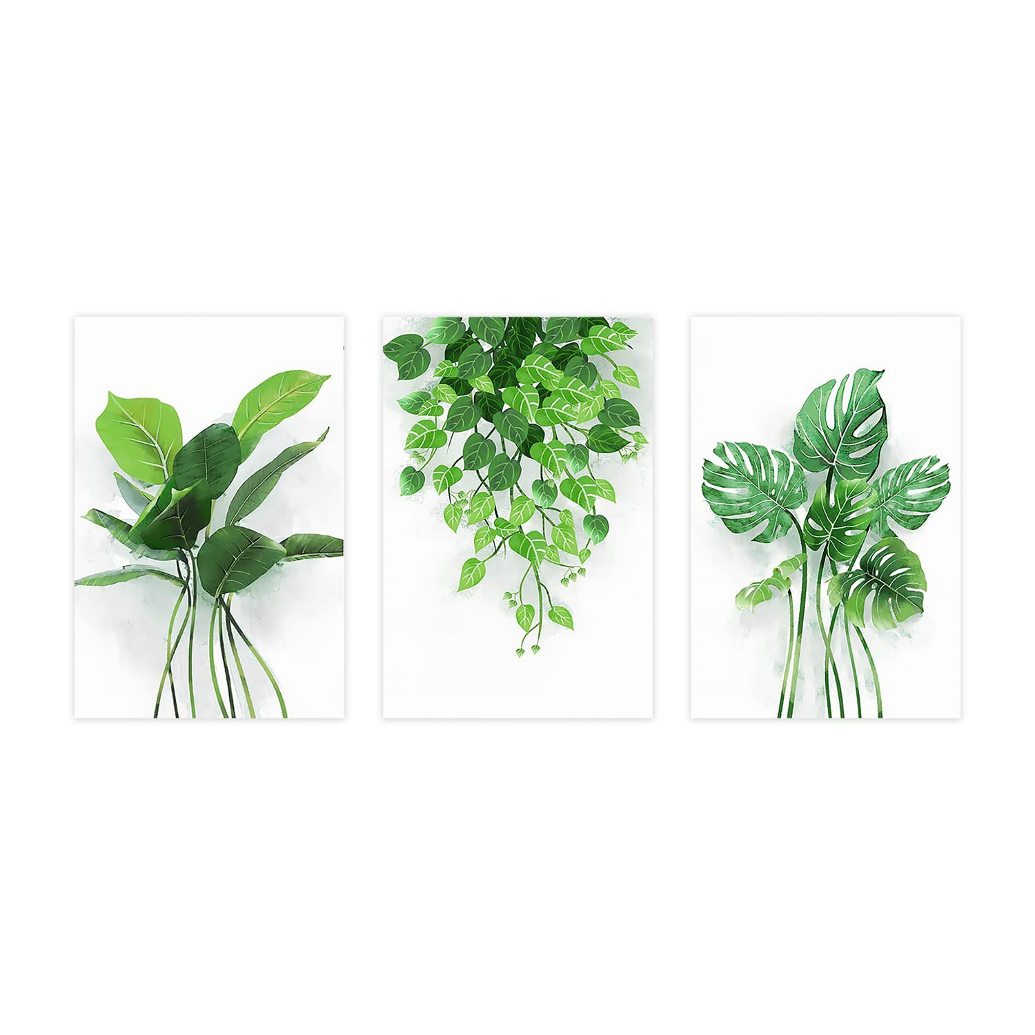 Monstera Green Leaf Tropical Plant Canvas Wall Art - 16x24 Inch Set of 3 Unframed Green Wall Decor for Living Room, Bedroom, Office & Bathroom - Perfect for Boho Home Decor, Modern Interior Design & Nature-Inspired Spaces