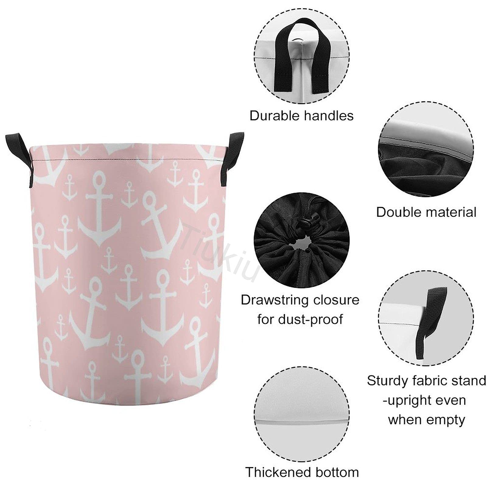 Collapsible Nautical Laundry Basket with Handle - Pink & White Anchor Design for Bedroom, Nursery, Kids