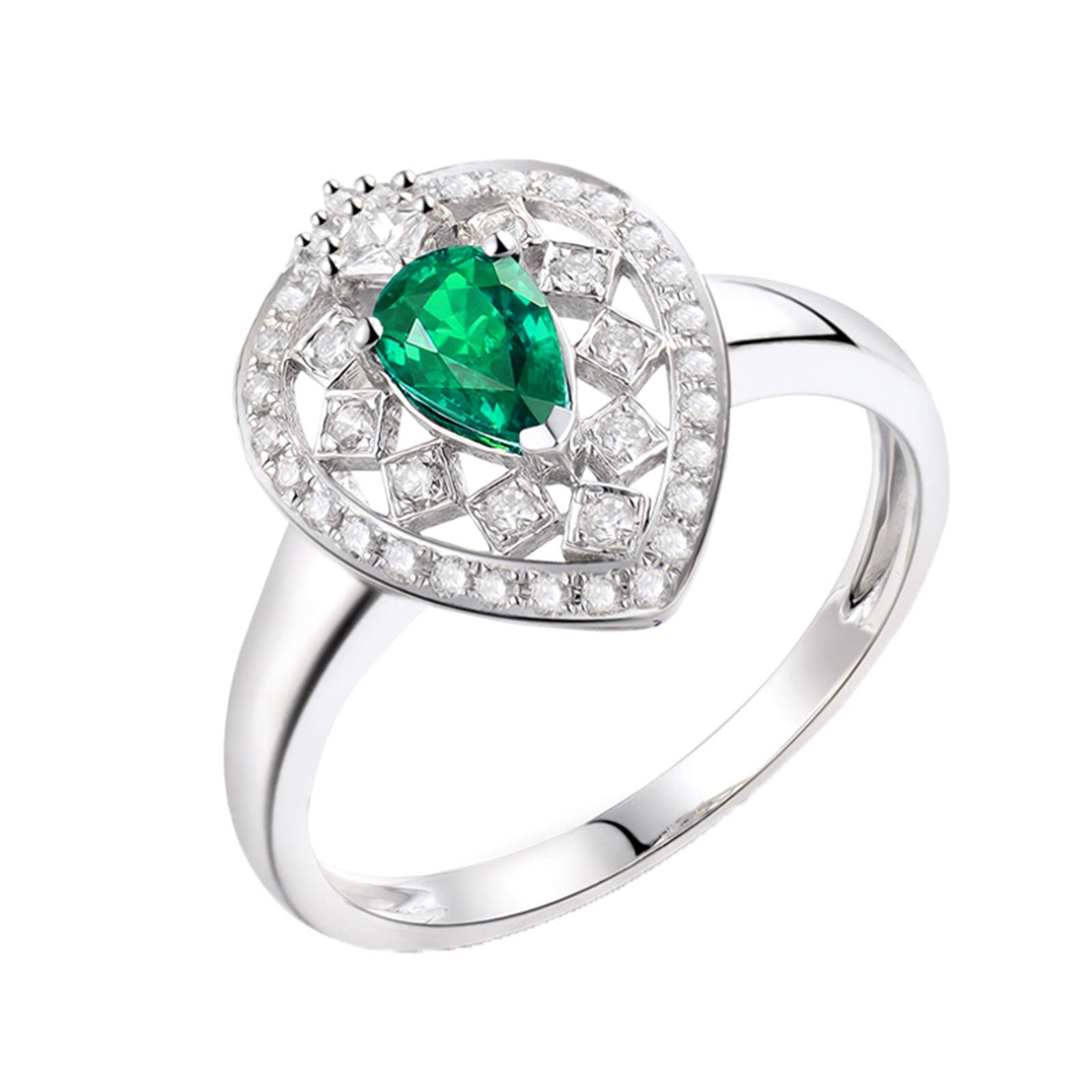 18K White Gold Pear Emerald Ring for Women - 0.4CT 3 Prong Hollow Anniversary Band | Elegant Birthday & Valentine's Day Gift for Her | Perfect for Weddings, Engagements & Special Occasions