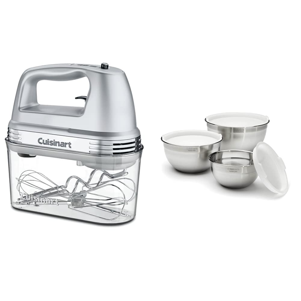 Cuisinart HM-90BCS 9-Speed Hand Mixer with Storage Case & 3-Piece Stainless Steel Mixing Bowls Set - Brushed Chrome Design for Baking, Cooking, Whipping - Perfect for Home Kitchen & Professional Use