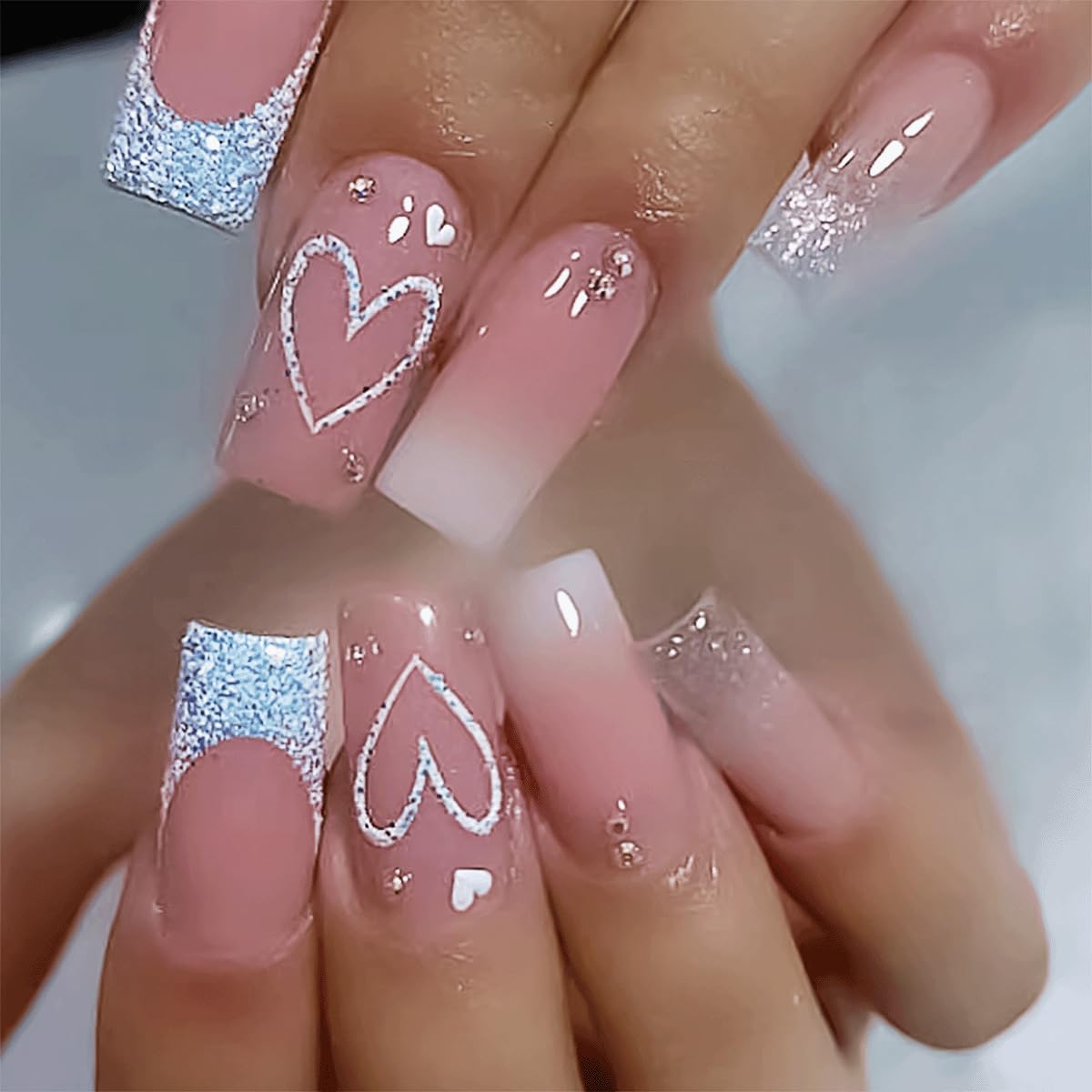 Glitter French Tip Heart Press on Nails - 24Pcs Medium Square Fake Nails with Rhinestones Design | Glossy Gradient Pink False Nails | Reusable Stick on Nails for Women | Perfect for Parties, Weddings, and Special Occasions