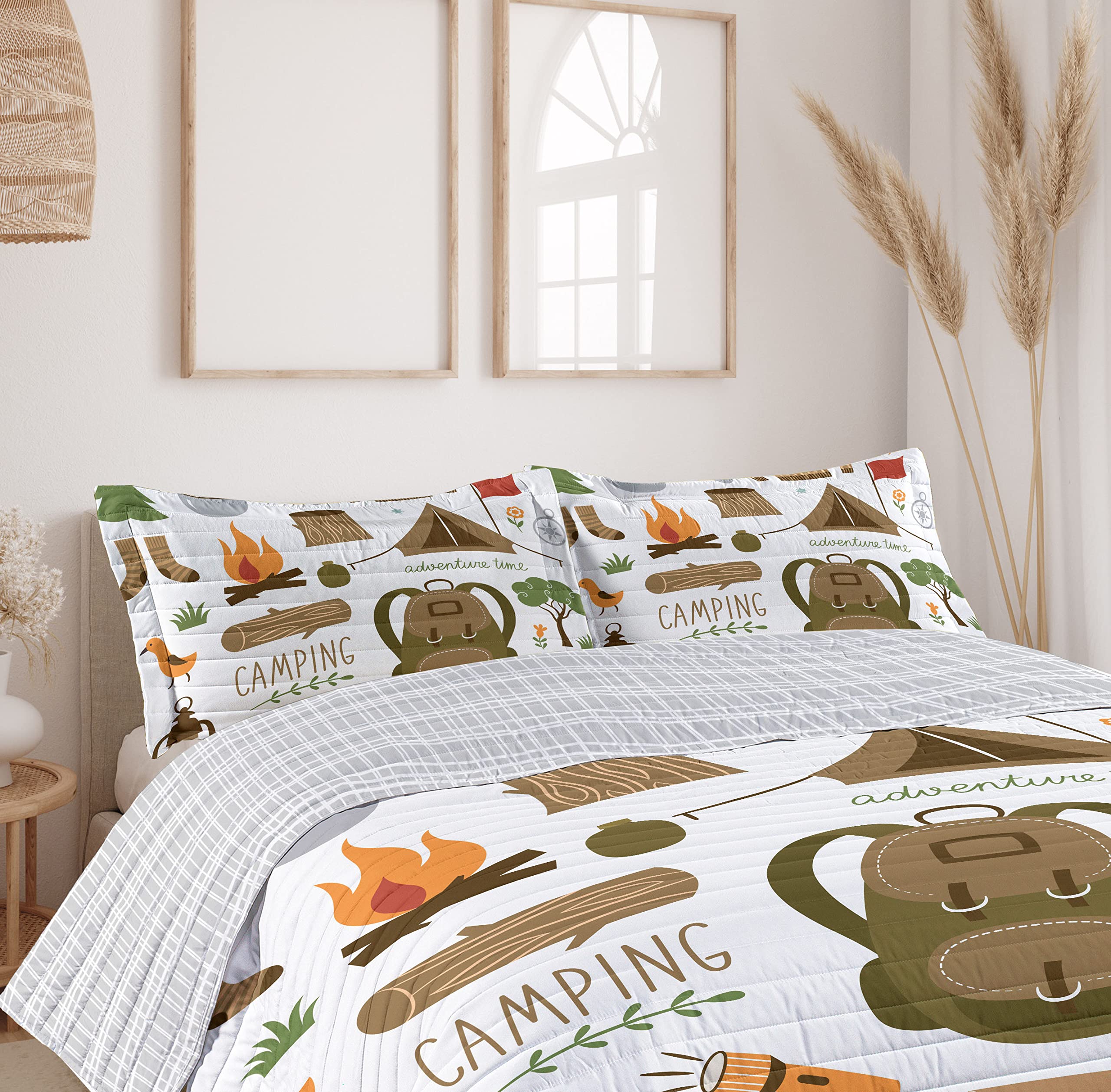 Ambesonne Adventure Reversible King Size Bedspread Set - Camping Theme Microfiber Comforter with Pillow Shams (Sepia Green Orange) - Perfect for Outdoor Enthusiasts & Cabin Decor