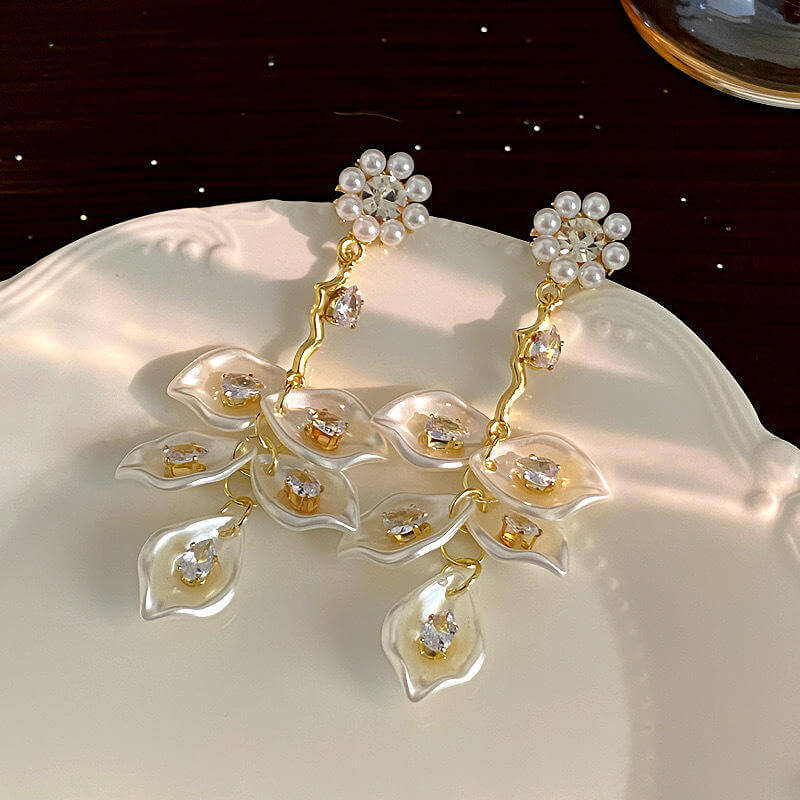 Pearl Petal Drop Earrings N2393 - Elegant Floral Dangle Earrings for Women, Perfect for Weddings, Parties & Special Occasions