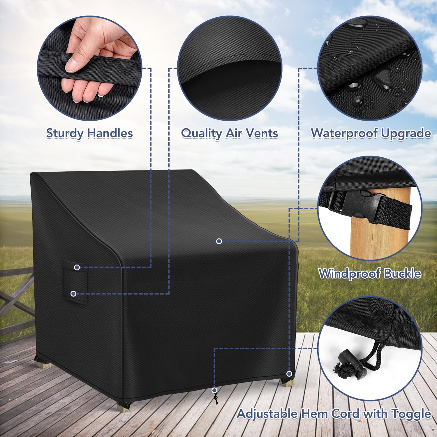 Waterproof Outdoor Chair Covers 2 Pack - Heavy Duty Patio Furniture Covers for Chairs (30W x 27D x 36H) - All Weather Protection for Lawn, Garden & Deck Use - Black