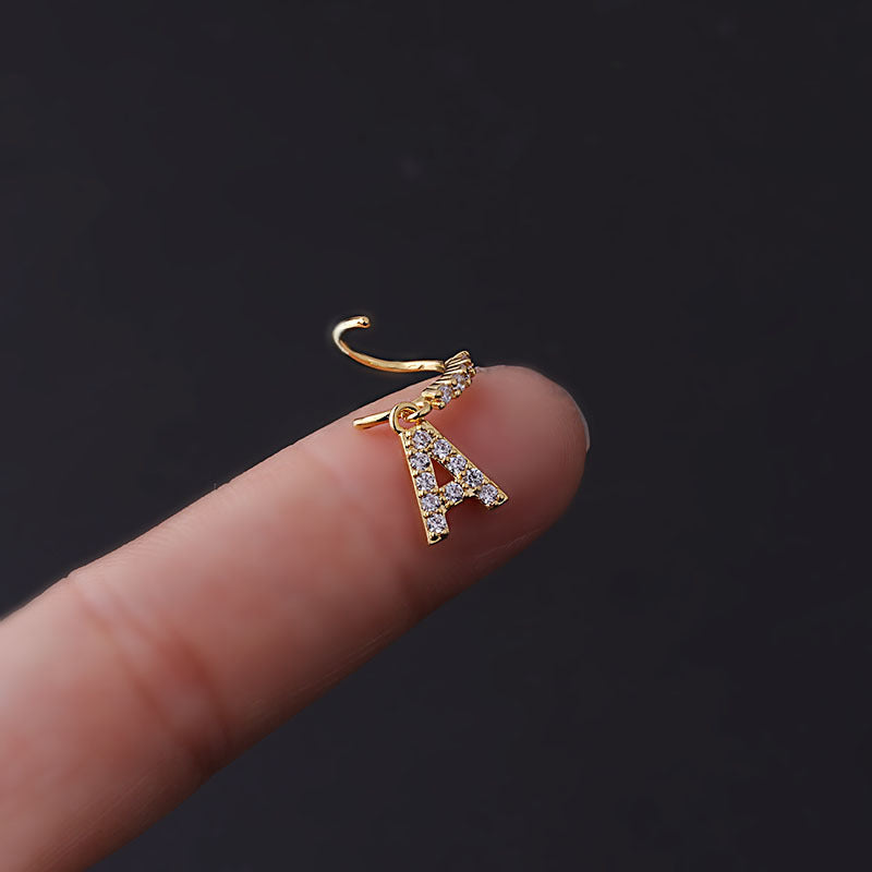 18K Gold Dangle Letter Hoop Nose Ring - Personalized Initial Nose Stud for Women | Trendy Body Jewelry for Parties, Date Night & Everyday Wear (HSPJ676)