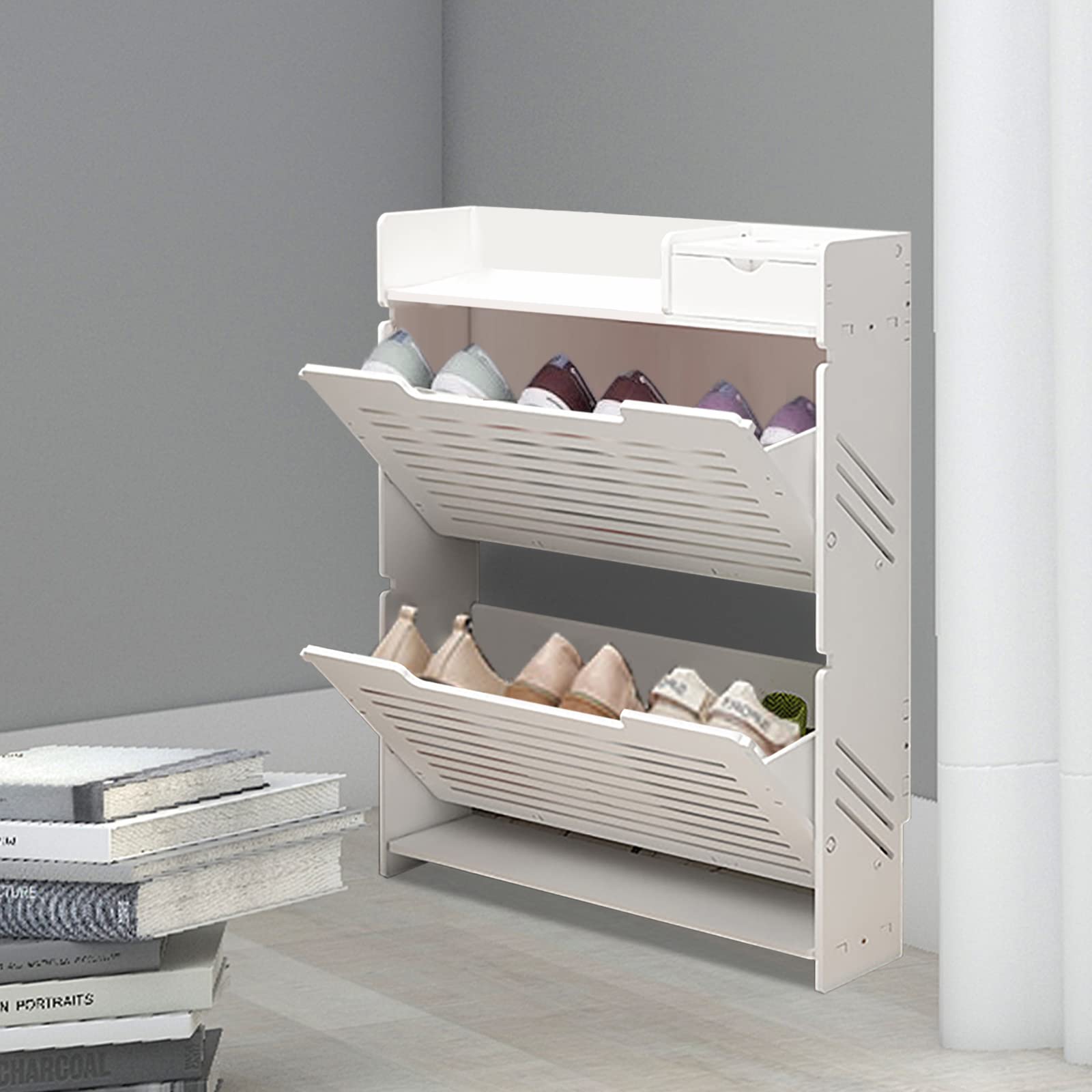 Modern Narrow White Flip Down Shoe Rack Shelf (2 Tiers) - Space Saving Shoe Organizer for Closet, Entryway & Small Apartments - Perfect for Storing Shoes, Sandals & Sneakers