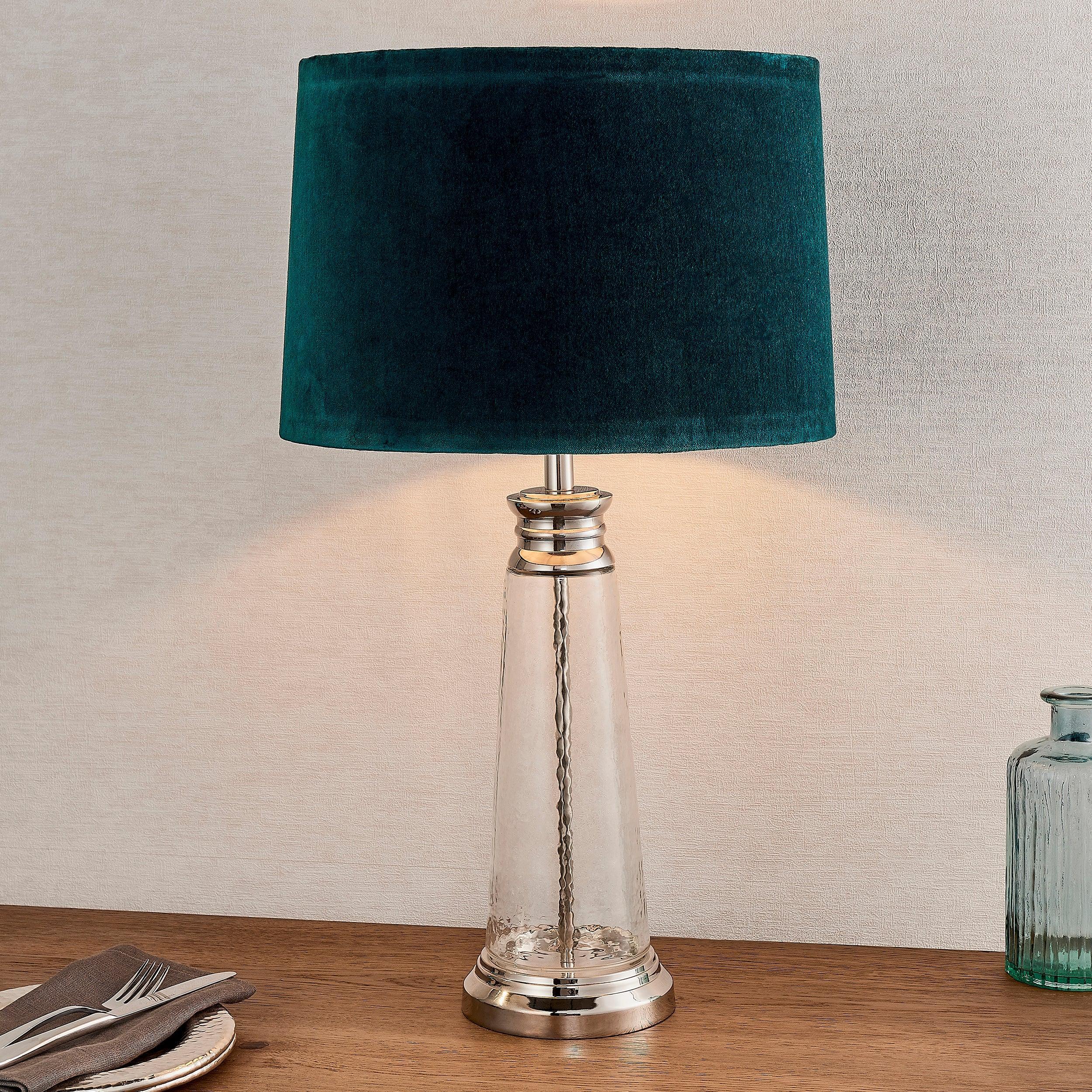 Endon Winslet 1-Light Hammered Glass Table Lamp with Teal Shade - Modern Bedside Lighting for Bedroom, Living Room & Office Decor