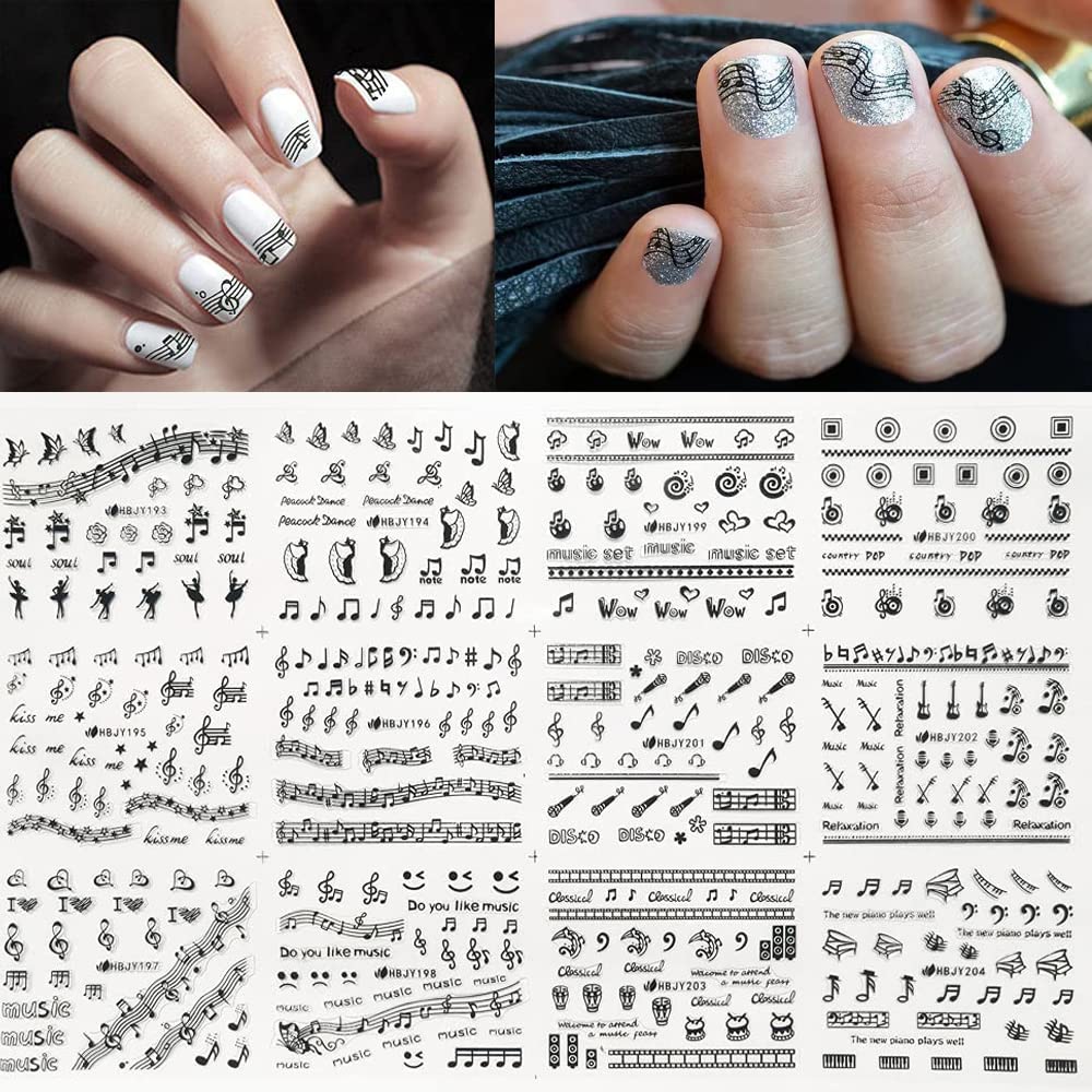 3D Musical Instrument Nail Art Stickers - Guitar, Piano, Microphone & Music Note Nail Decals for Women, Girls & Kids (12 Sheets) | Self-Adhesive Manicure Tips for Parties, Concerts & Music Lovers