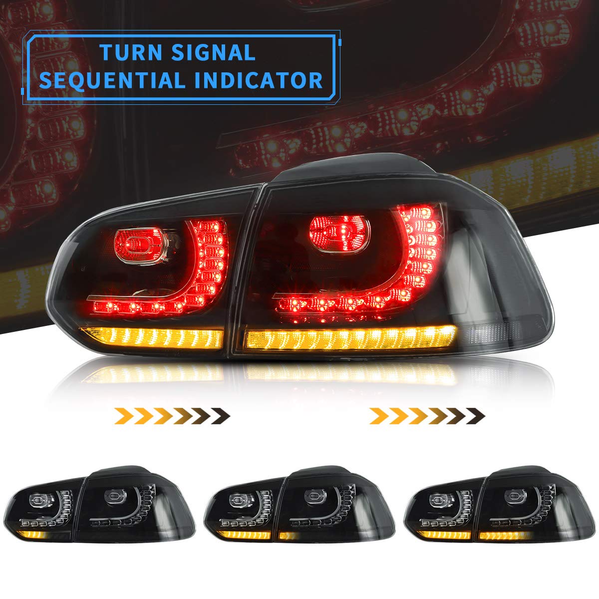 VLAND Full LED Tail Lights for VW Golf 6 MK6 (2010-2014) - Sequential Turn Signals, Brake Lights, DRL, Reverse & Fog Lights with Smoked Lens - Premium Rear Lamp Assembly for Enhanced Style & Safety - Perfect for Night Driving & Car Customization