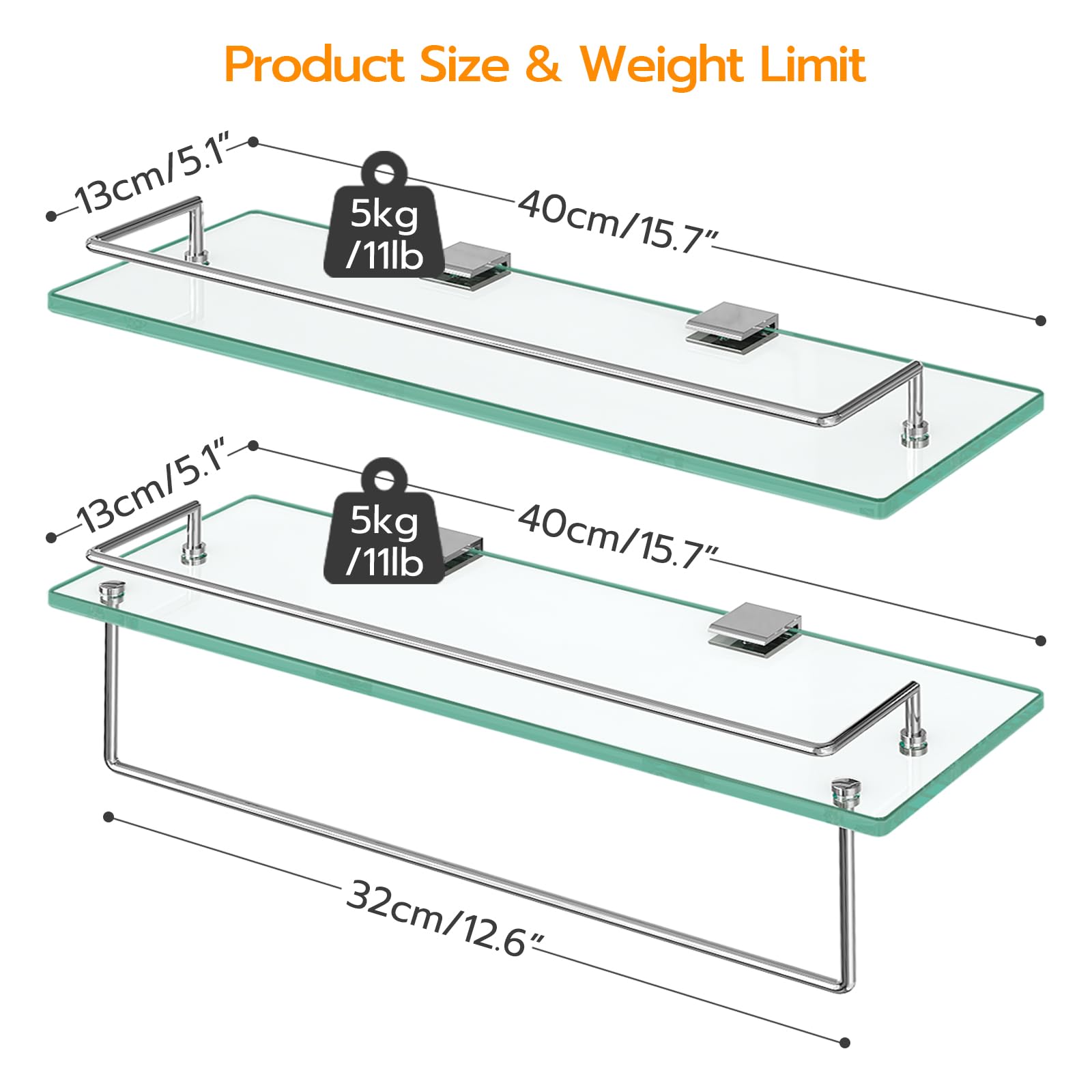 HOOBRO 15.7 Inch Floating Glass Shelves for Bathroom Wall - Set of 2 Tempered Stainless Steel Mounted Shelves for Toilet, Shower, Vanity Organization - Modern Silver Bathroom Decor SV02BJ01 - Perfect for Storing Toiletries, Cosmetics & Bath Essentials