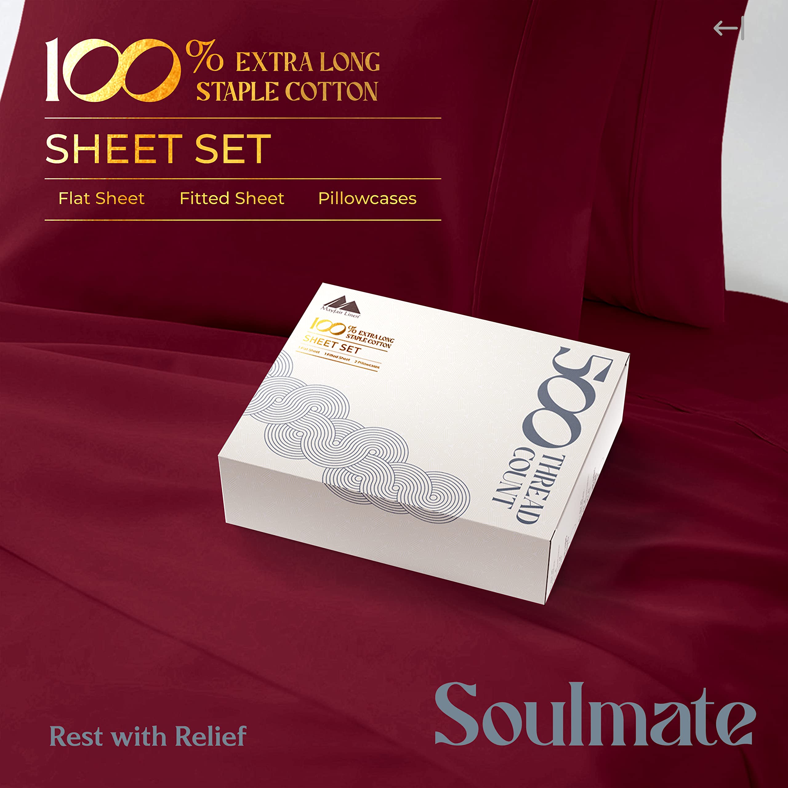 Mayfair Linen 500 Thread Count Twin XL Cotton Sheet Set - 3 Piece Cooling Sateen Bed Sheets (Burgundy) | Hotel Quality Deep Pocket Fits 18