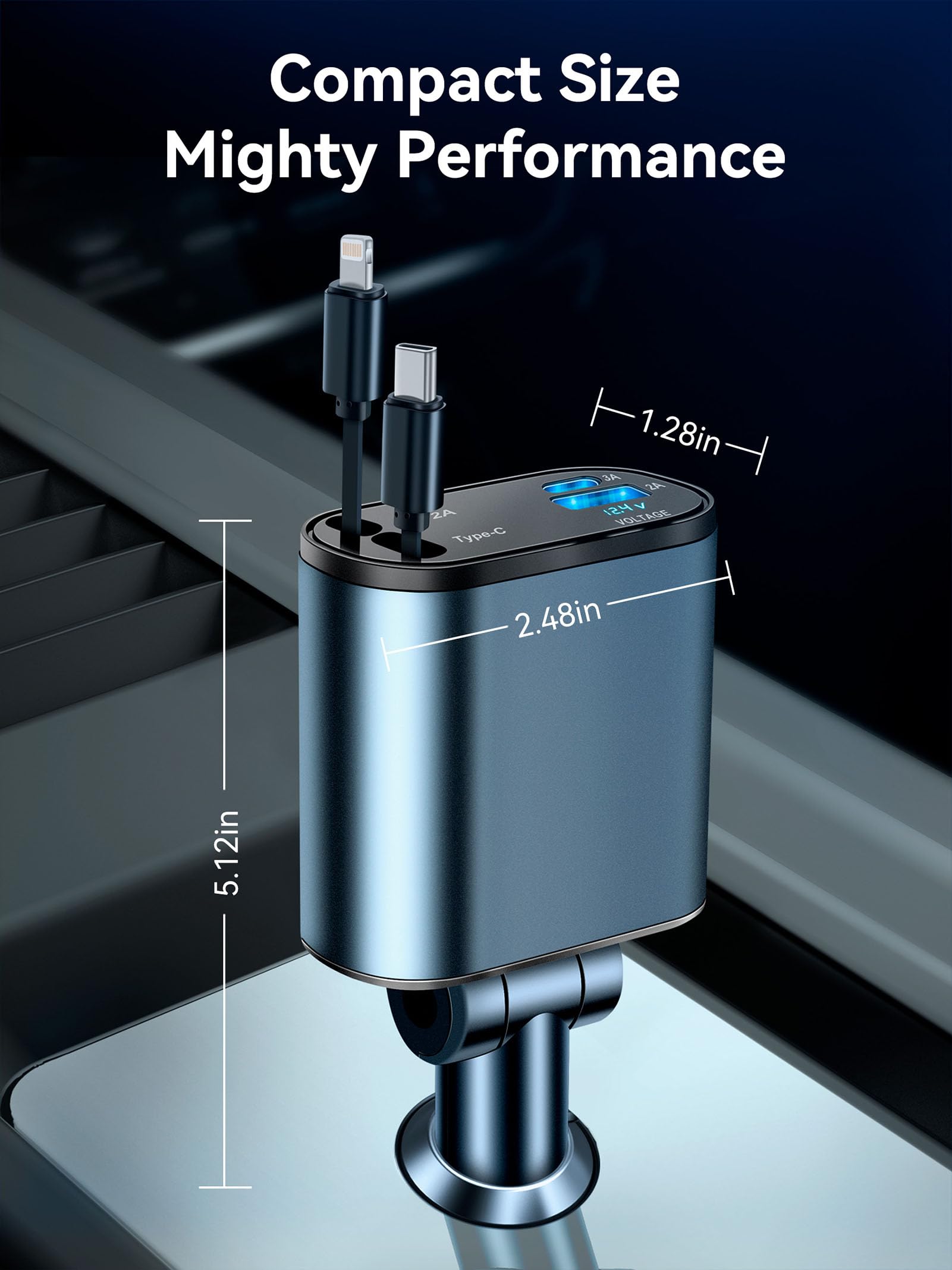 66W Fast Retractable Car Charger with USB C Ports - 4-in-1 Smart Phone Charger Adapter for iPhone & Android - Perfect for Road Trips, Commuting & Emergency Charging