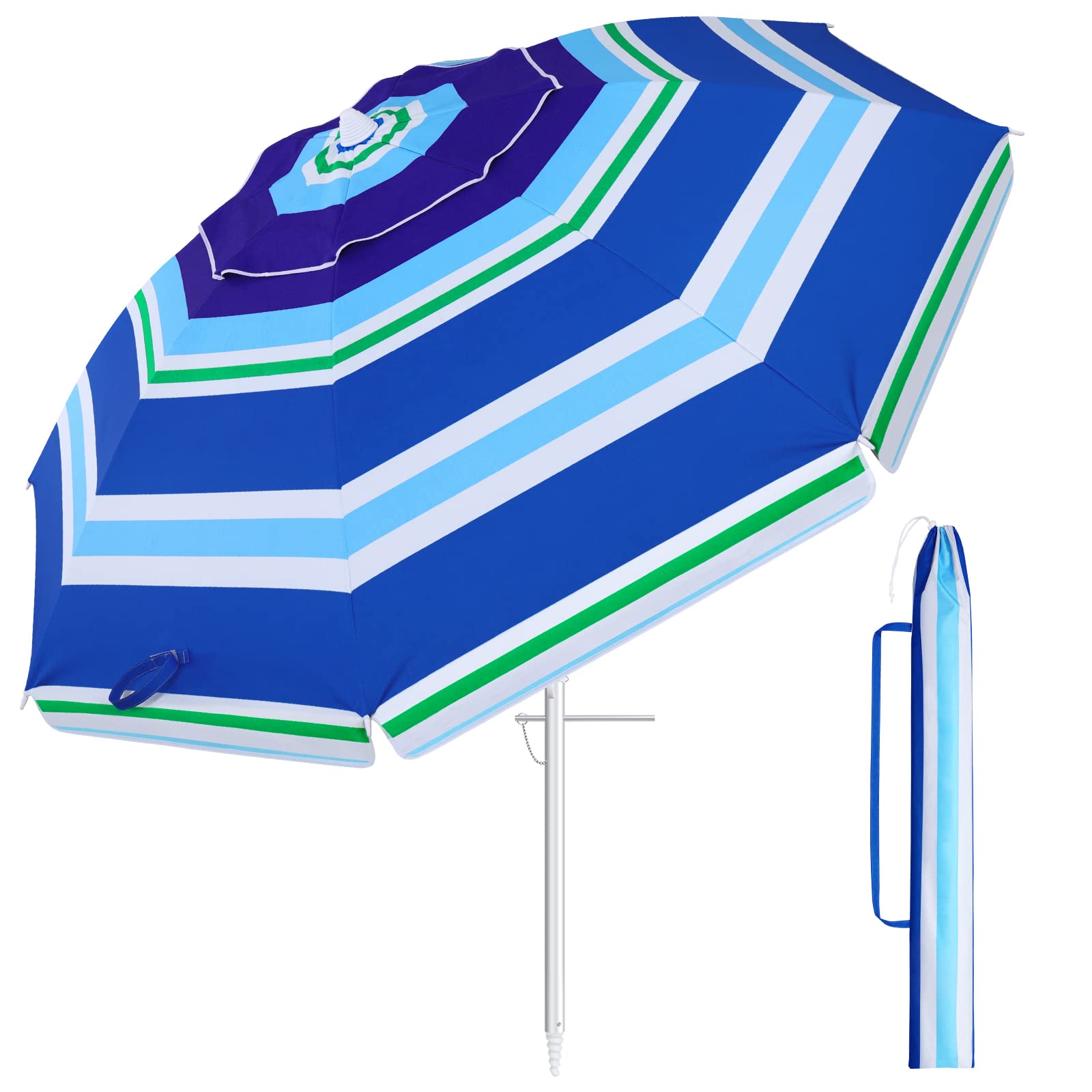 7ft Large Windproof UV 50+ Beach Umbrella - Portable Outdoor Sand Anchor Parasol with Adjustable Tilt Pole & Carry Bag - Perfect for Beach, Poolside, Picnics and Backyard Relaxation