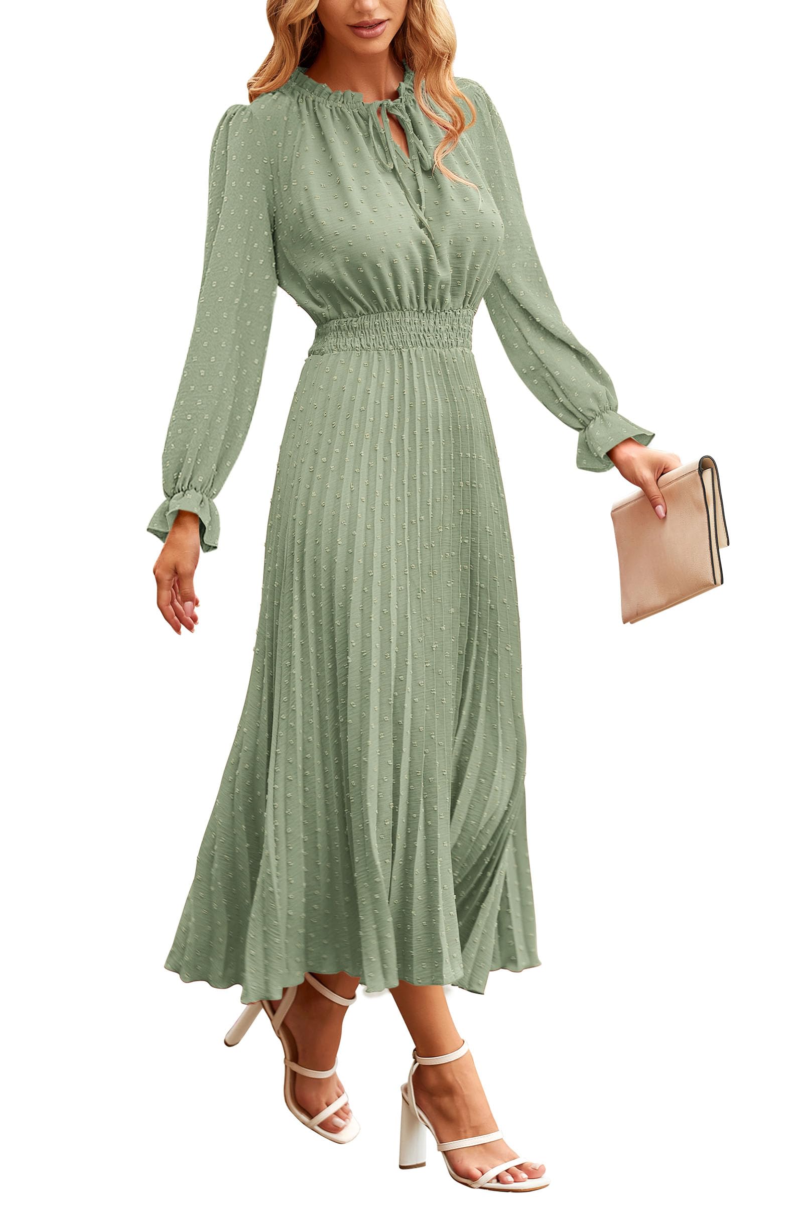PRETTYGARDEN Women's 2025 Spring Fall Midi Dress - Long Sleeve V-Neck Swiss Dot Pleated A-Line Flowy Casual Dress for Work, Date Night & Special Occasions