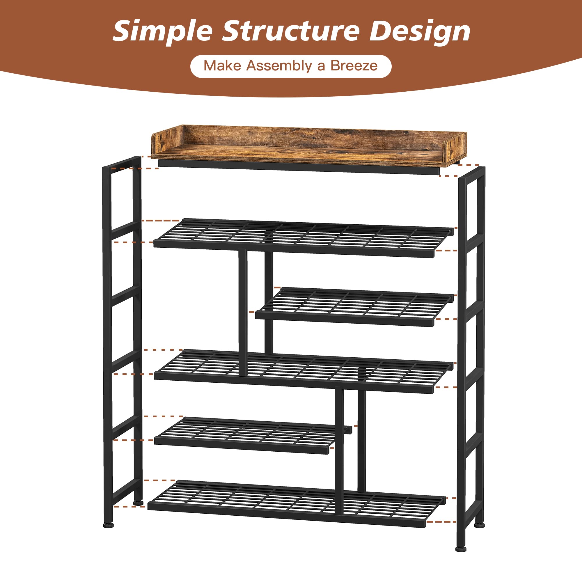 6-Tier Metal Shoe Rack with Wooden Top & Side Pockets - Holds 22 Pairs of Shoes - Space Saving Entryway Organizer for Hallway, Closet or Mudroom Storage - Black