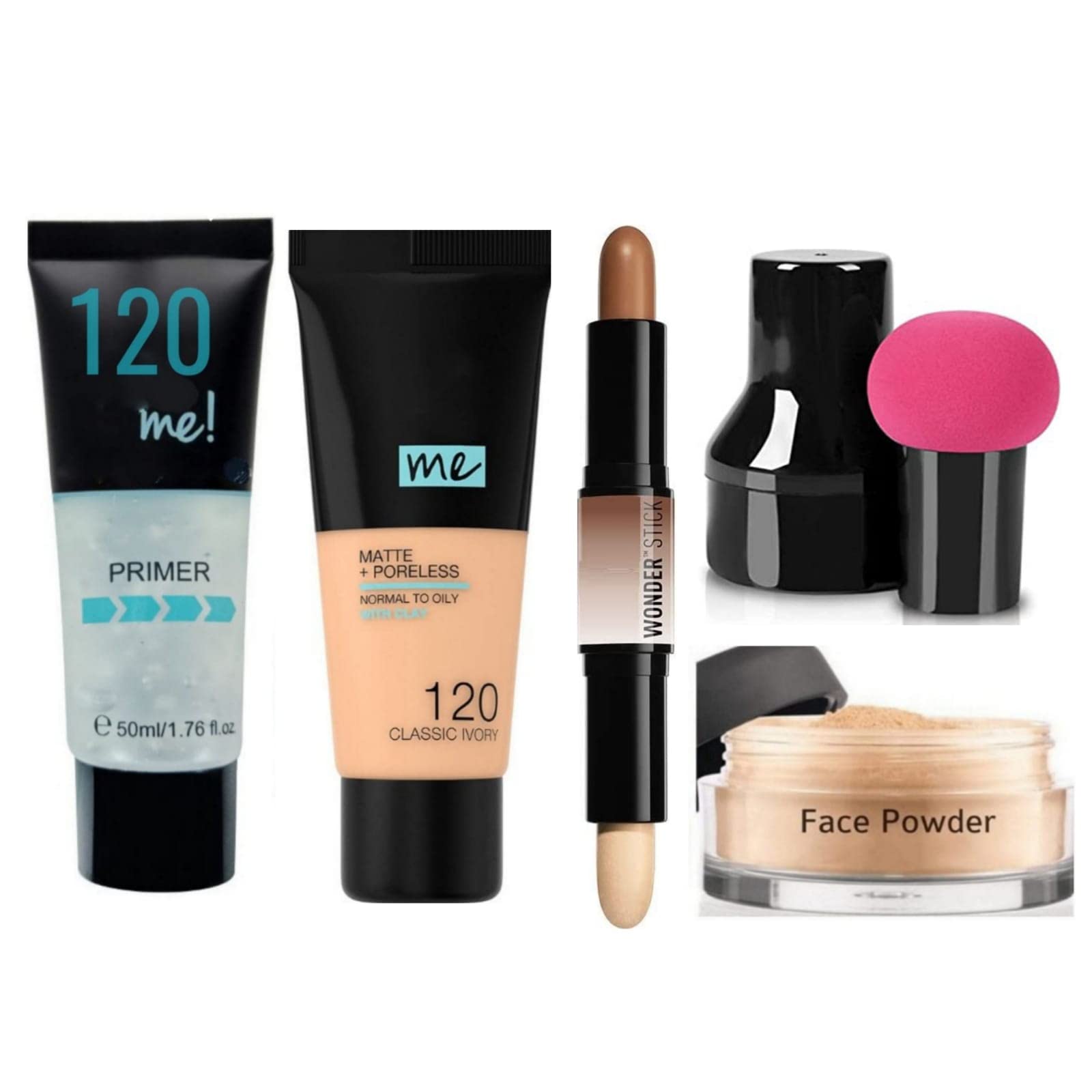 Professional 2-in-1 Primer & Foundation Contour Stick with Face Powder & Blender - 5 Piece Makeup Kit for Flawless Complexion | Perfect for Daily Use, Special Occasions & Professional Makeup Artists