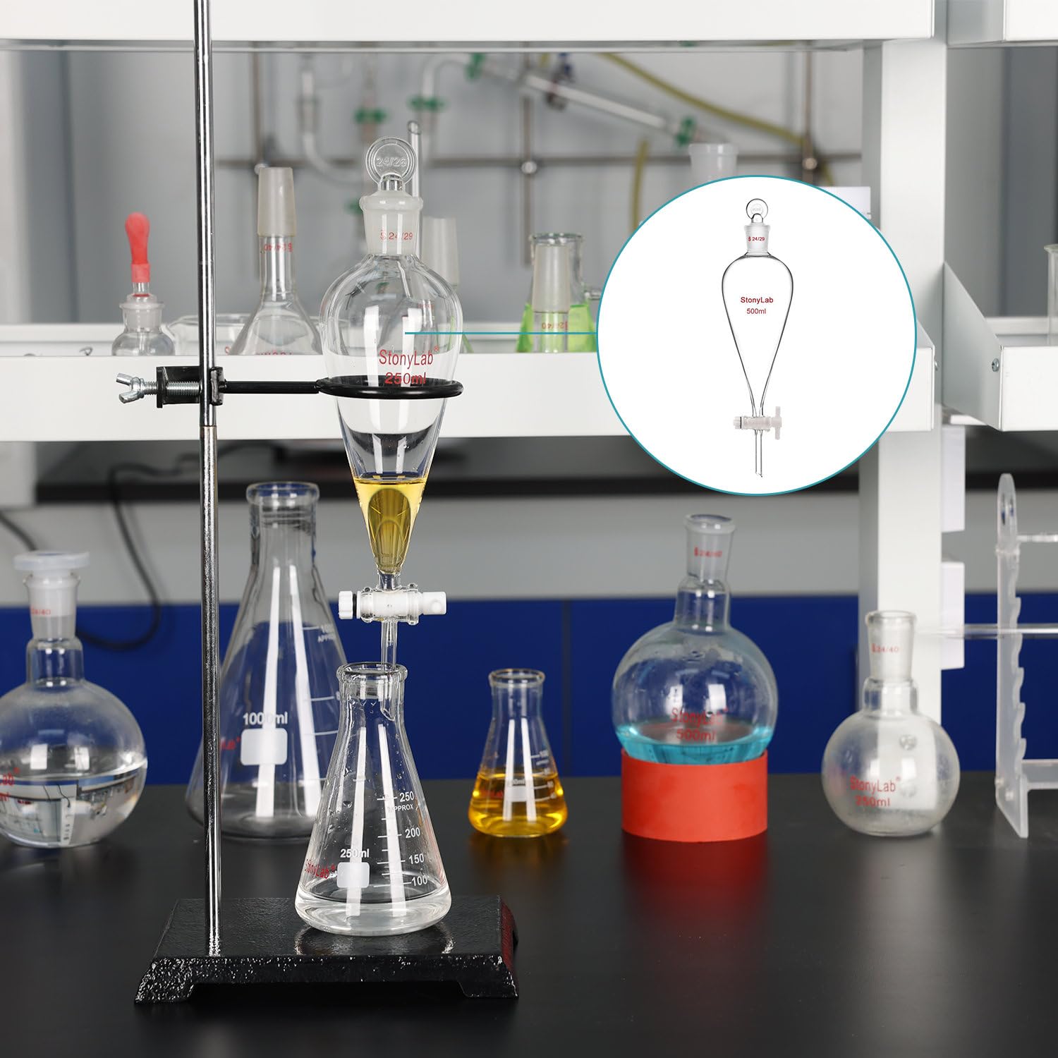 StonyLab 2L PTFE Stopcock Borosilicate Glass Heavy Wall Separatory Funnel with 24/29 Joint - Conical Pear-Shaped Lab Funnel for Chemical Separation, Liquid Extraction & Laboratory Experiments
