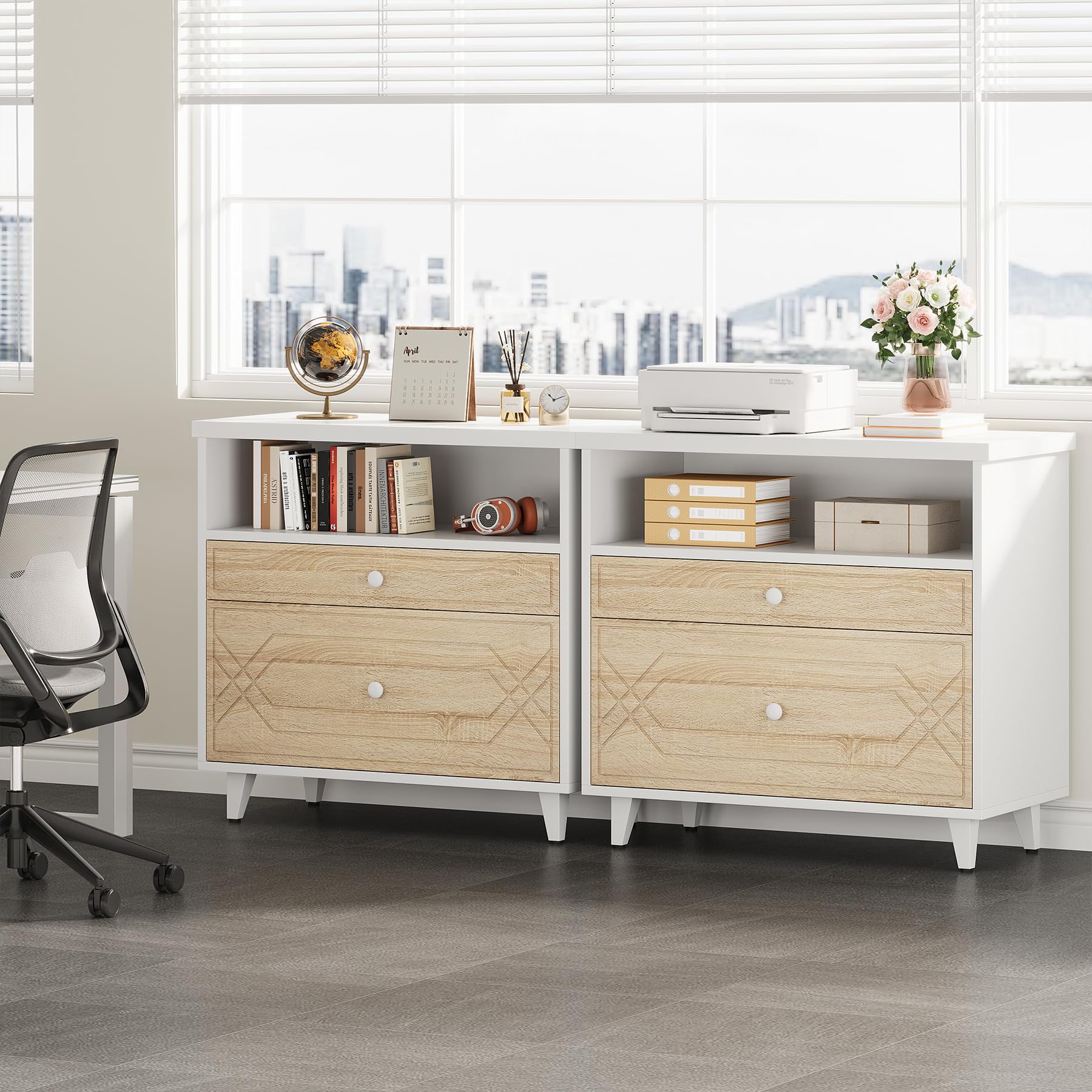 2-Drawer Lateral File Cabinet with Shelf - Modern Industrial Office Storage for A4/Letter/Legal Size Documents - White & Light Brown Home Office Cabinet | Perfect as Printer Stand & Document Organizer for Workspaces