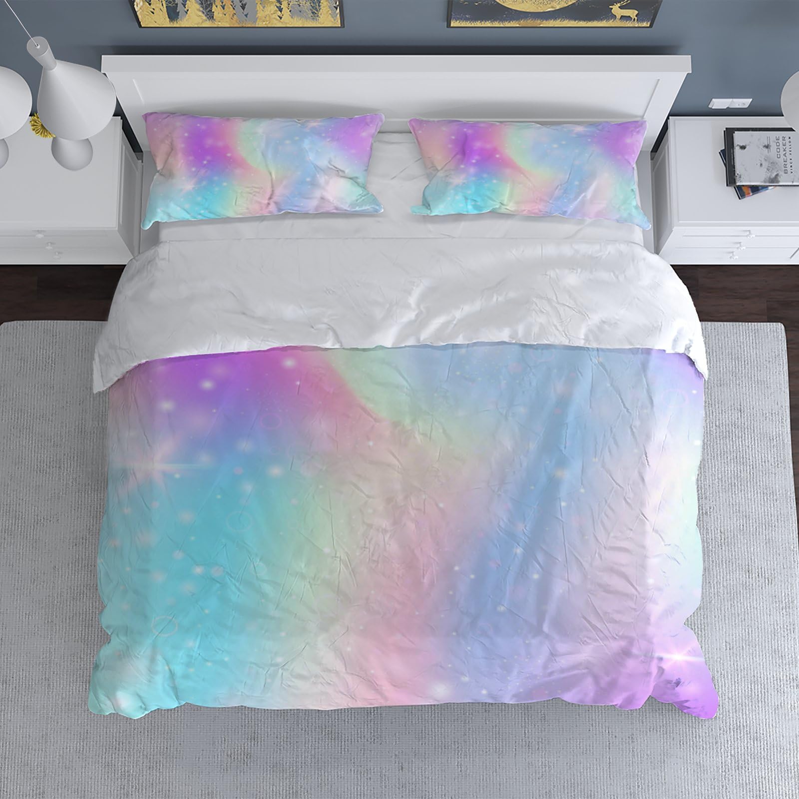 Starry Galaxy Rainbow Duvet Cover Set - 3 Piece Queen Size Bedding with Pillowcases (Comforter Not Included) | Space Themed Bedroom Decor for Kids & Teens